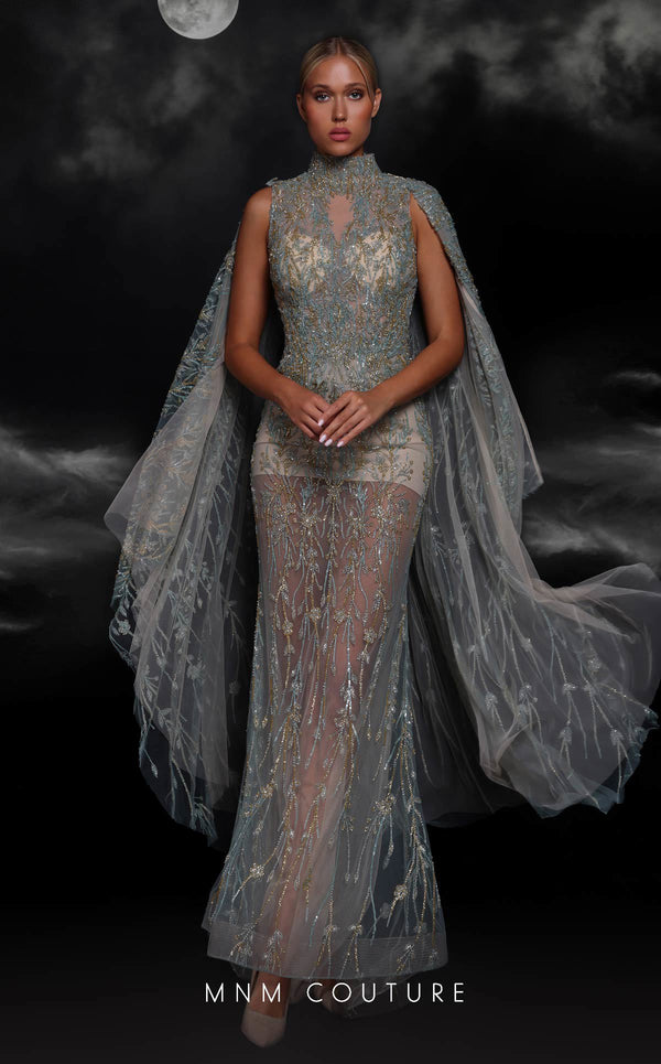 MNM Couture K4119 Fitted Long Formal Beaded Cape Evening Prom Dress