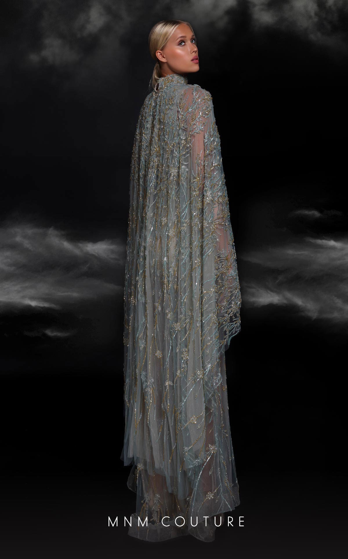 MNM Couture K4119 Fitted Long Formal Beaded Cape Evening Prom Dress
