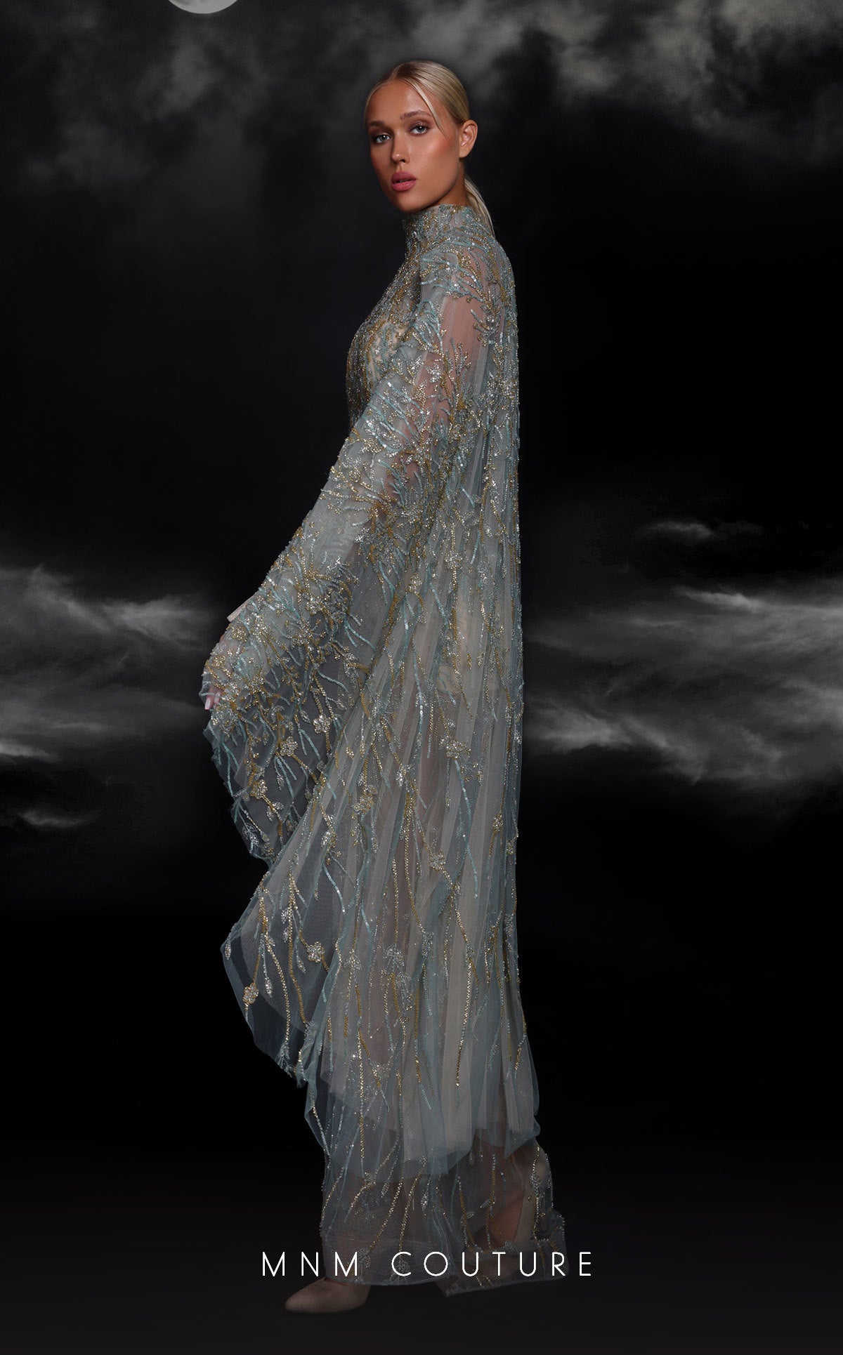MNM Couture K4119 Fitted Long Formal Beaded Cape Evening Prom Dress