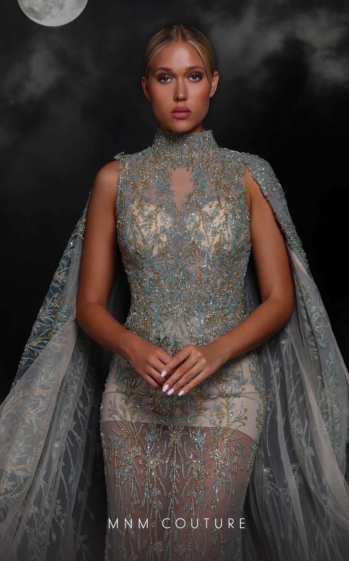 MNM Couture K4119 Fitted Long Formal Beaded Cape Evening Prom Dress