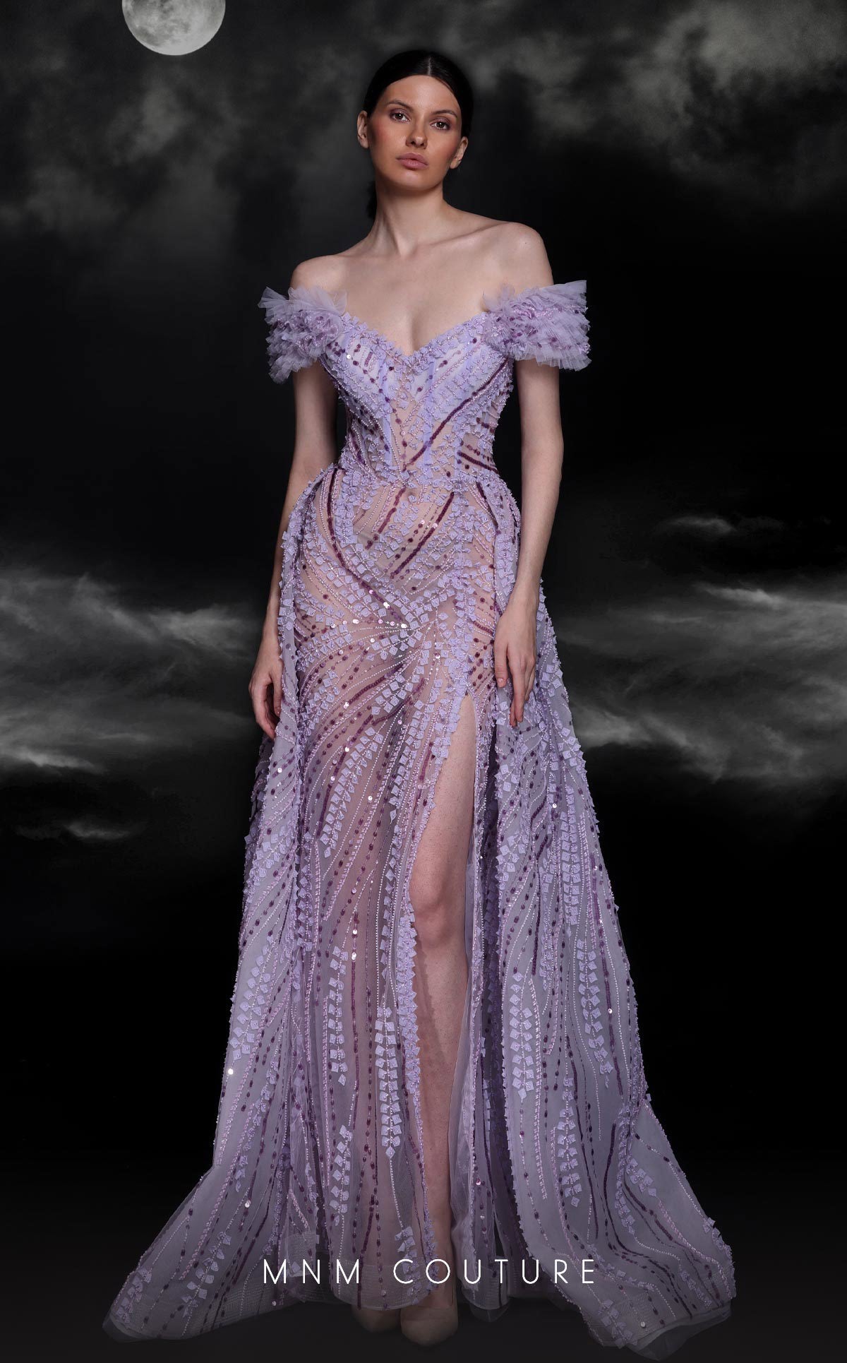 MNM Couture K4120 Beaded A Line Long Ruffle Slit Formal Evening Dress