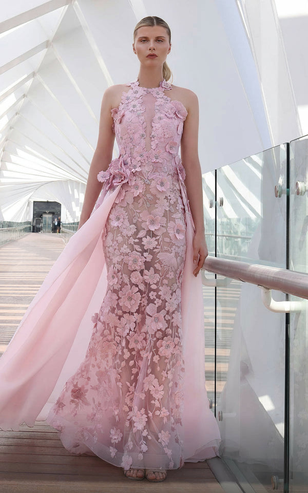 MNM Couture K4128 Beaded Long Formal 3D Floral Applique Overskirt Prom Dress