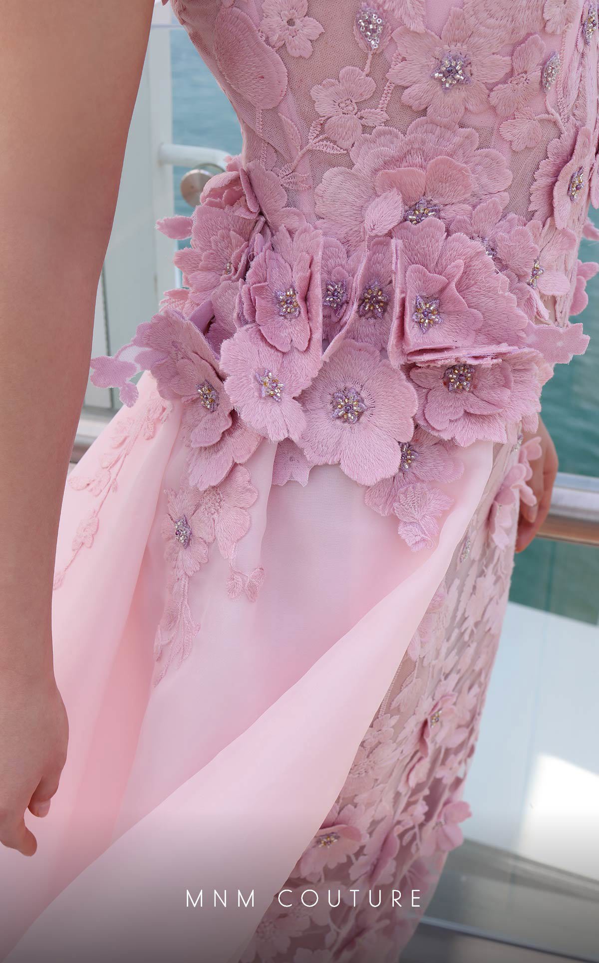MNM Couture K4128 Beaded Long Formal 3D Floral Applique Overskirt Prom Dress