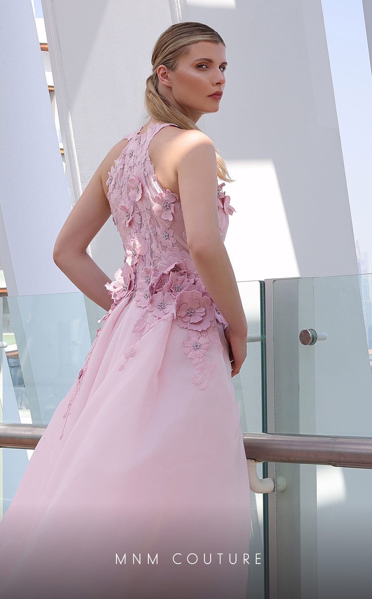 MNM Couture K4128 Beaded Long Formal 3D Floral Applique Overskirt Prom Dress
