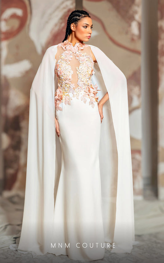 Formal Dresses Fitted Mermaid Long Floral Applique Evening Formal Dress White