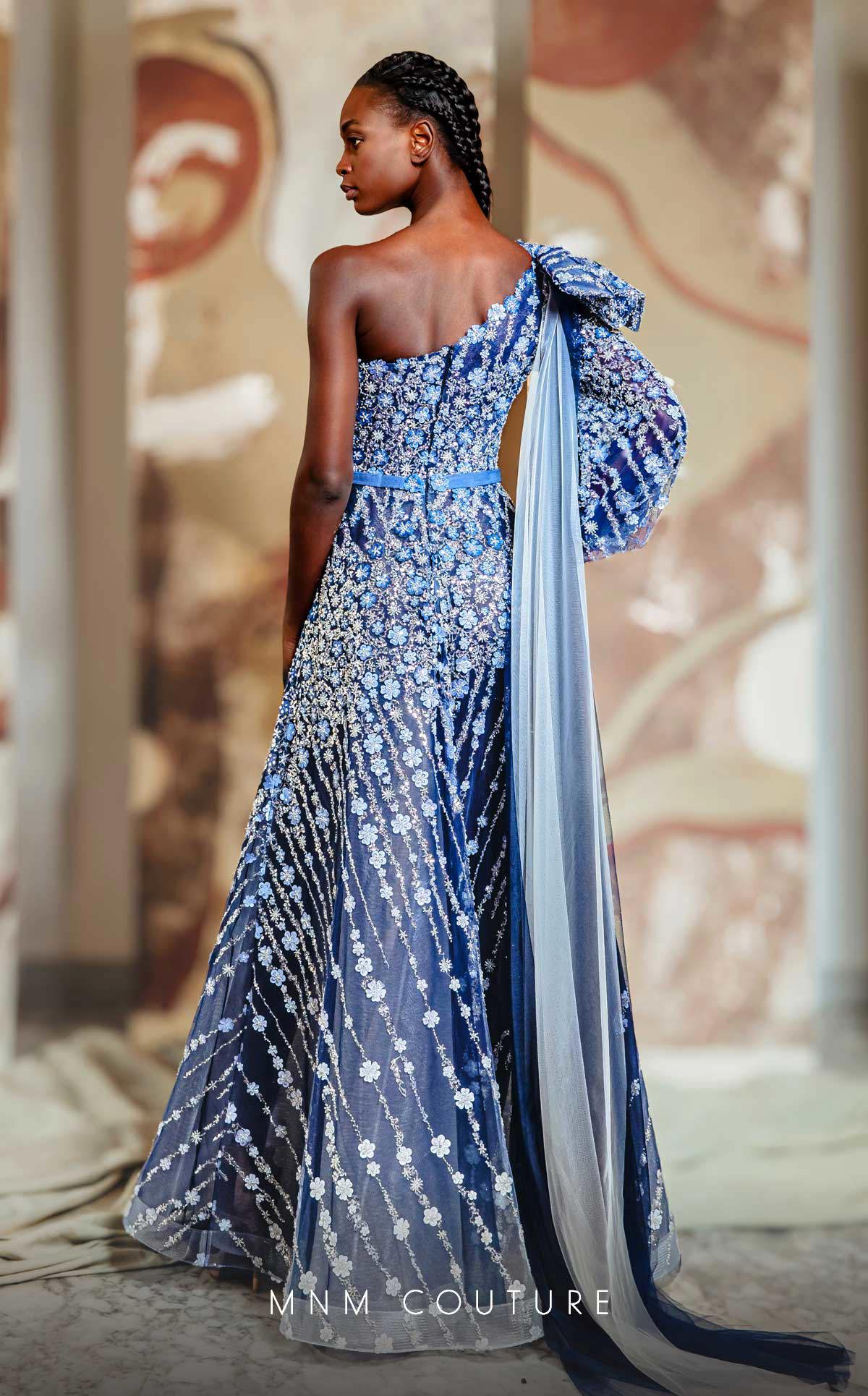 MNM Couture K4147 A Line Floral Long Formal Evening Dress - Blue / 4 MNM Couture K4147 A Line Floral Long Formal Evening Dress - Blue / 4