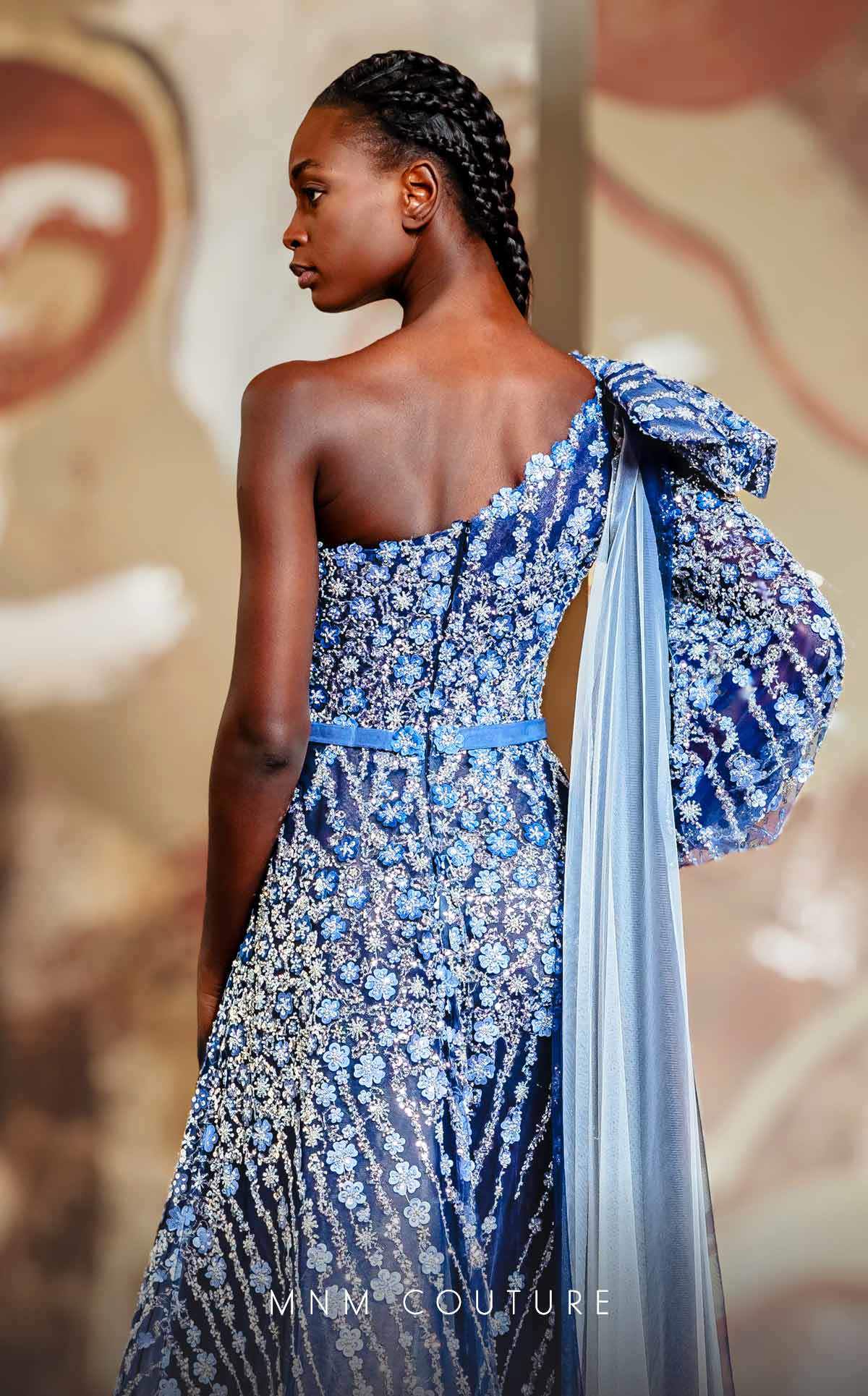 MNM Couture K4147 A Line Floral Long Formal Evening Dress - Blue / 4