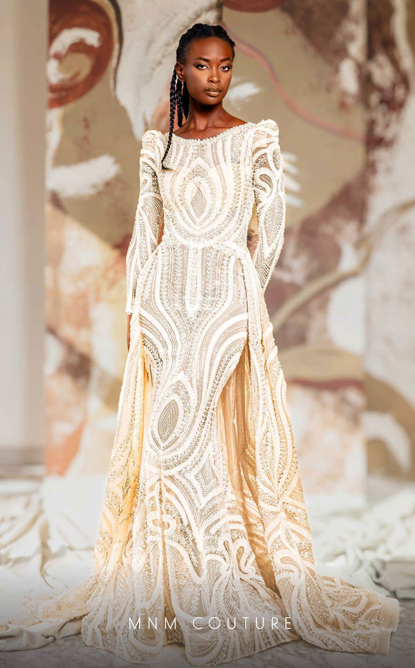 MNM Couture K4148 Long Puff Sleeve A Line Formal Beaded Overskirt Evening Dress