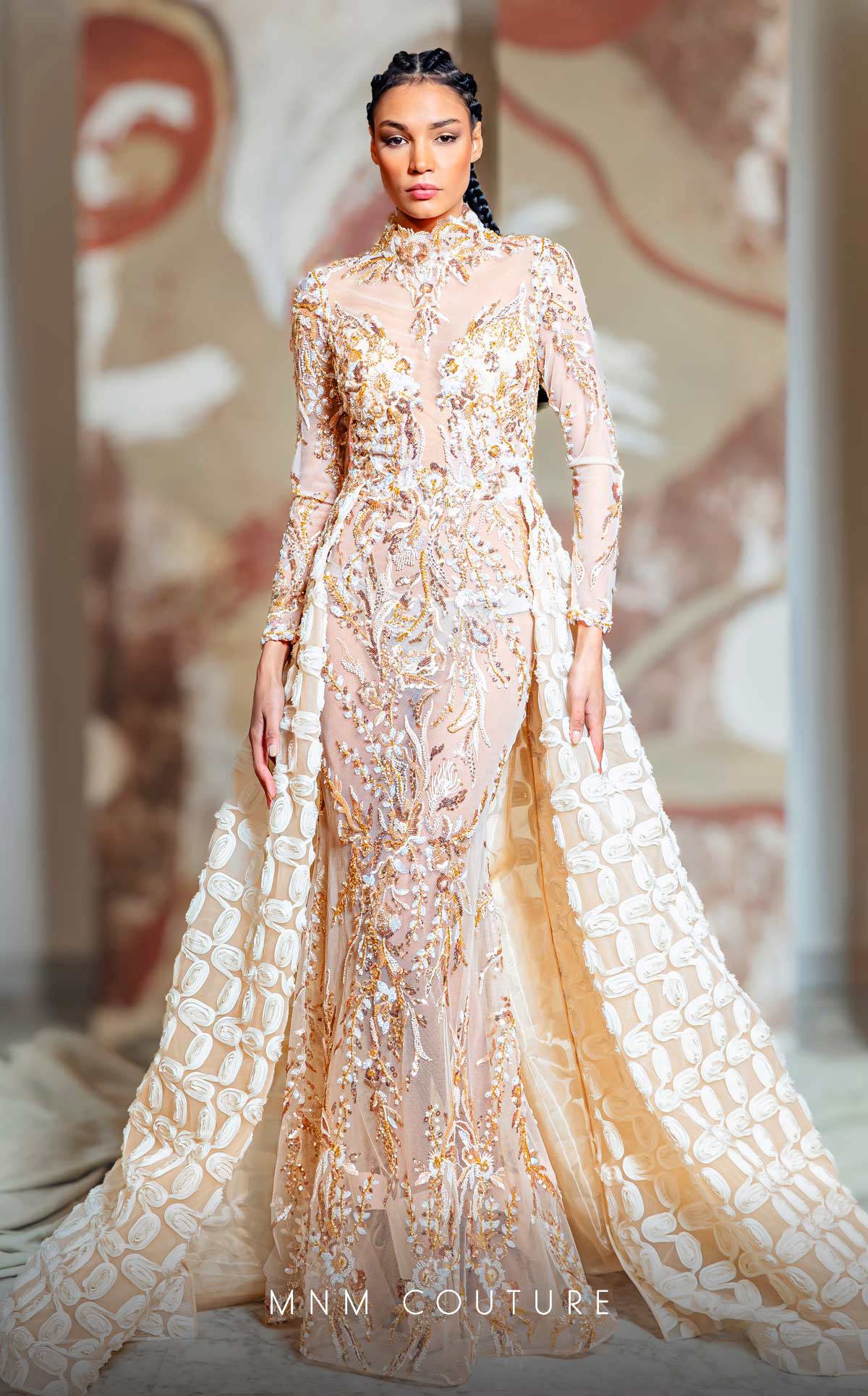 MNM Couture K4149 Long Sleeve Beaded Lace Applique Formal Overskirt Dress
