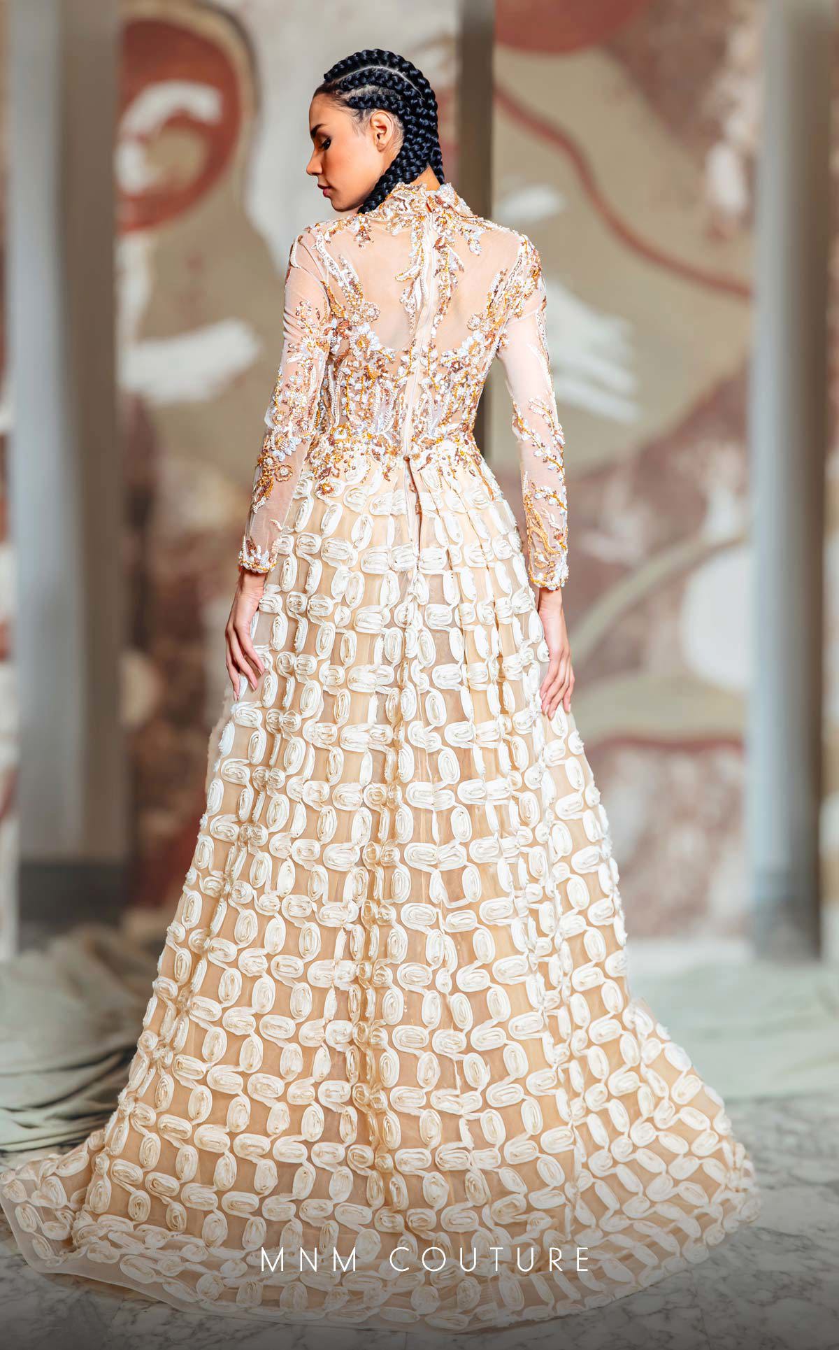 MNM Couture K4149 Long Sleeve Beaded Lace Applique Formal Overskirt Dress
