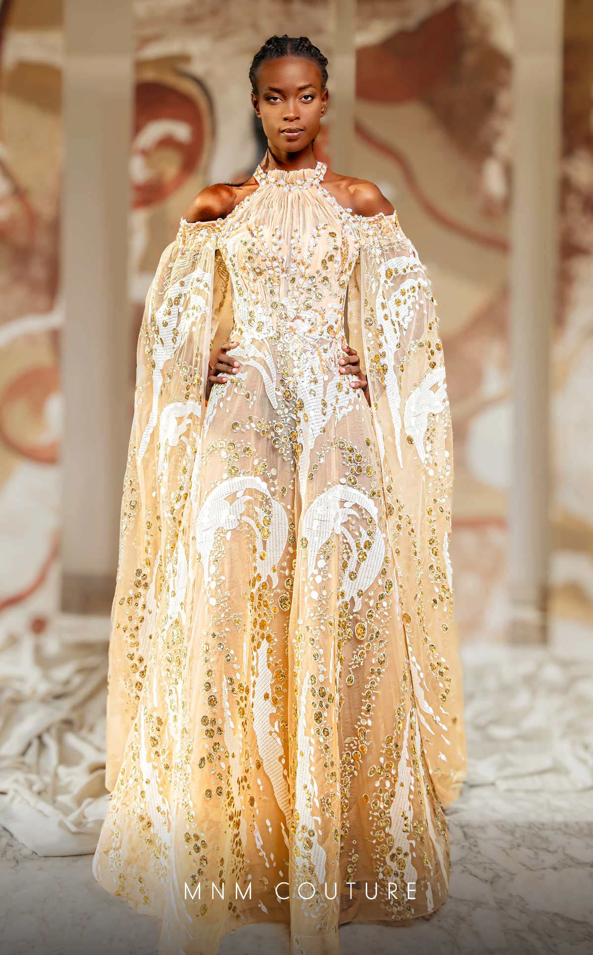 MNM Couture K4165 Formal Long Beaded Lace Applique Cape Prom Dress