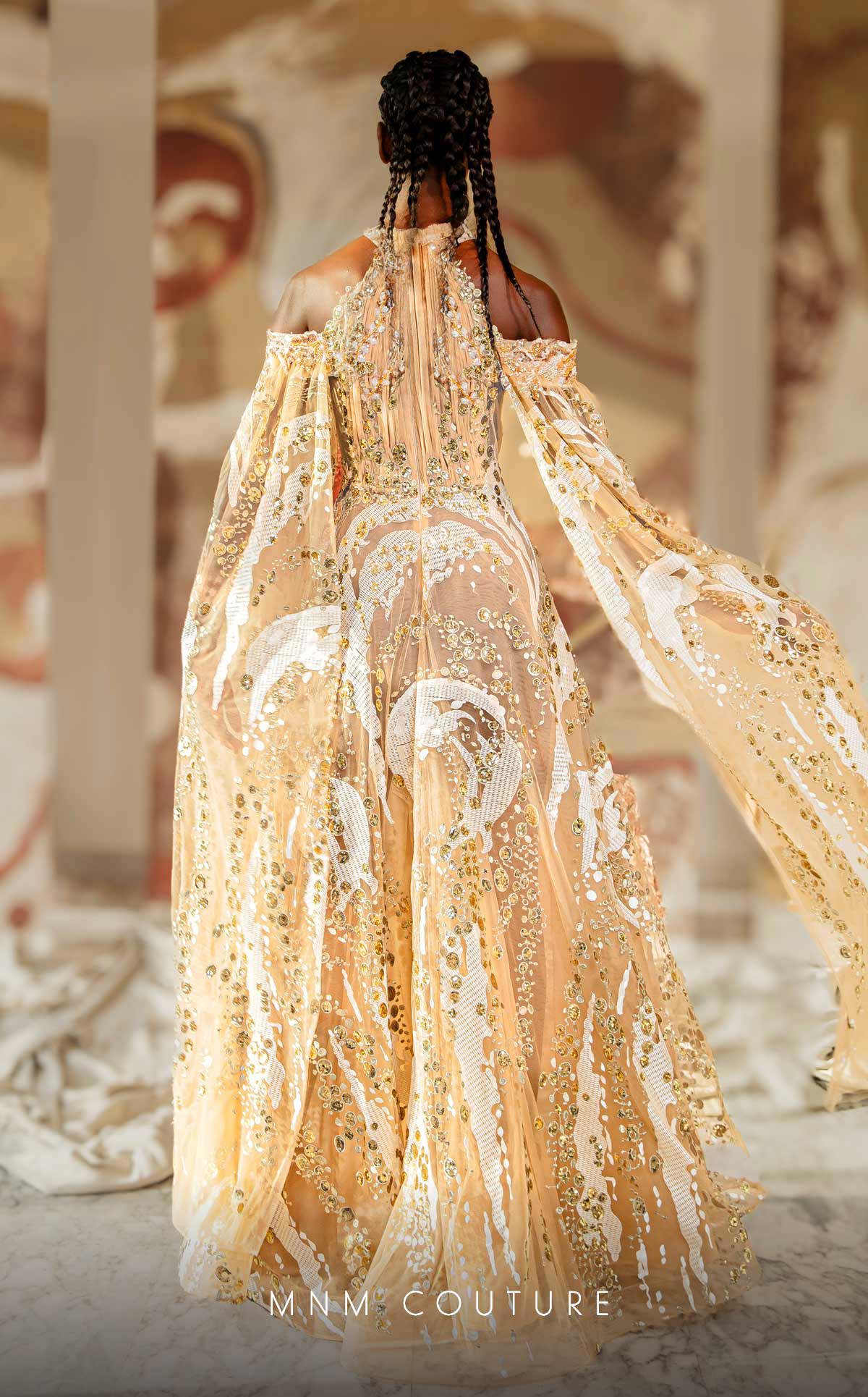 MNM Couture K4165 Formal Long Beaded Lace Applique Cape Prom Dress