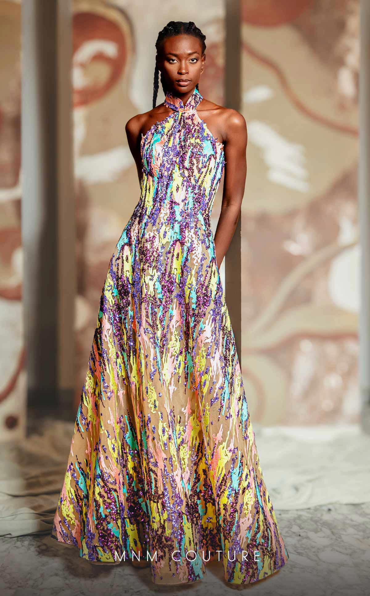 MNM Couture K4166 Long Formal Beaded Lace Applique Sequin Prom Dress