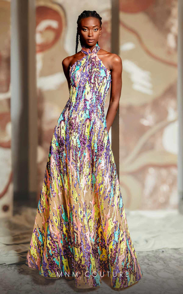 MNM Couture K4166 Long Formal Beaded Lace Applique Sequin Prom Dress