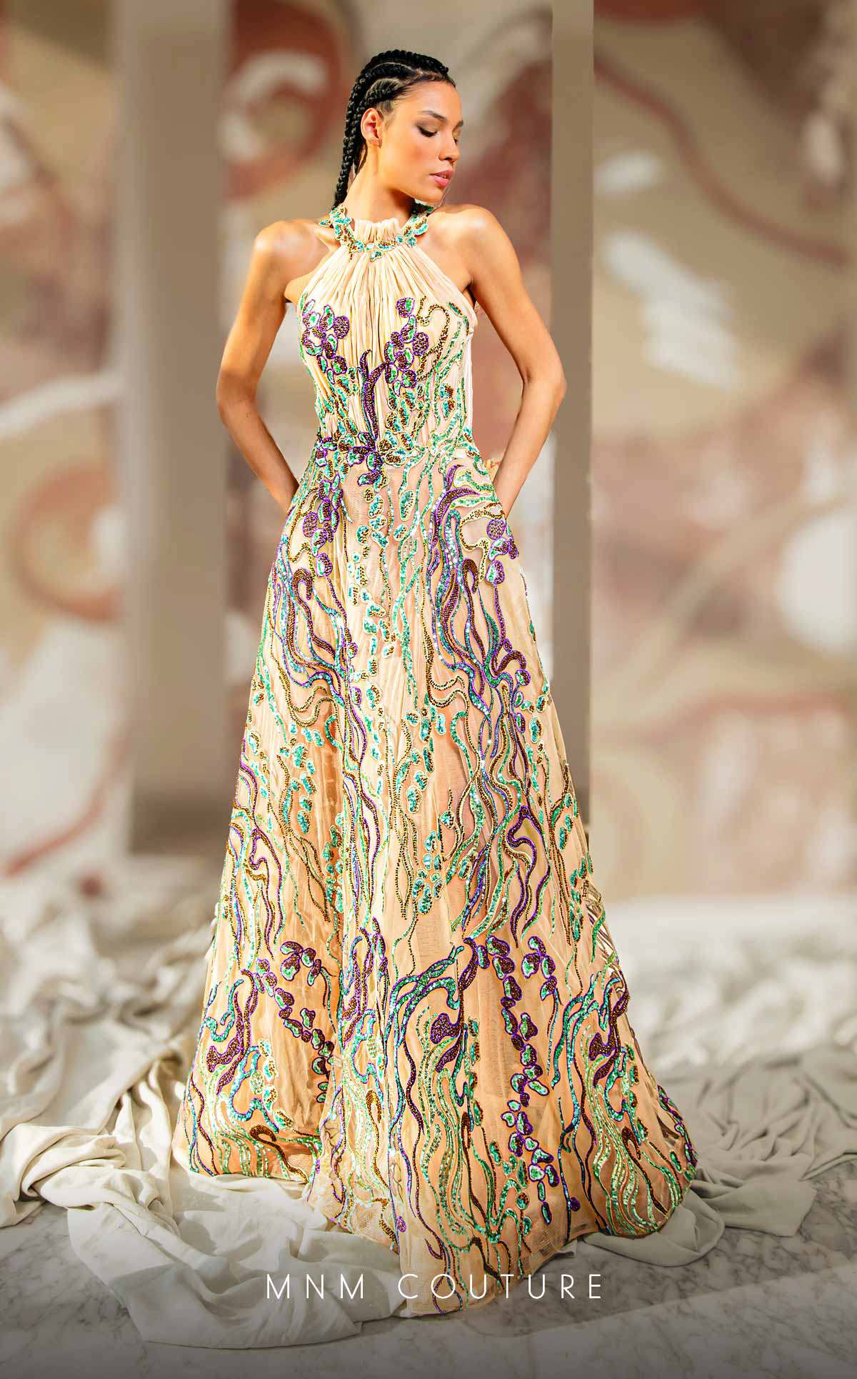 MNM Couture K4167 A Line Long Formal Beaded Lace Applique Prom Dress