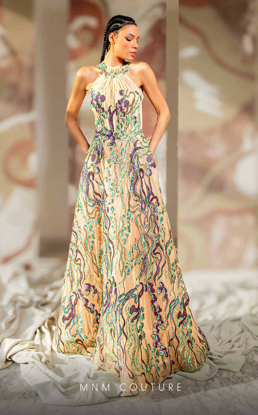 Formal Dresses A Line Long Formal Beaded Lace Applique Prom Dress Multicolor