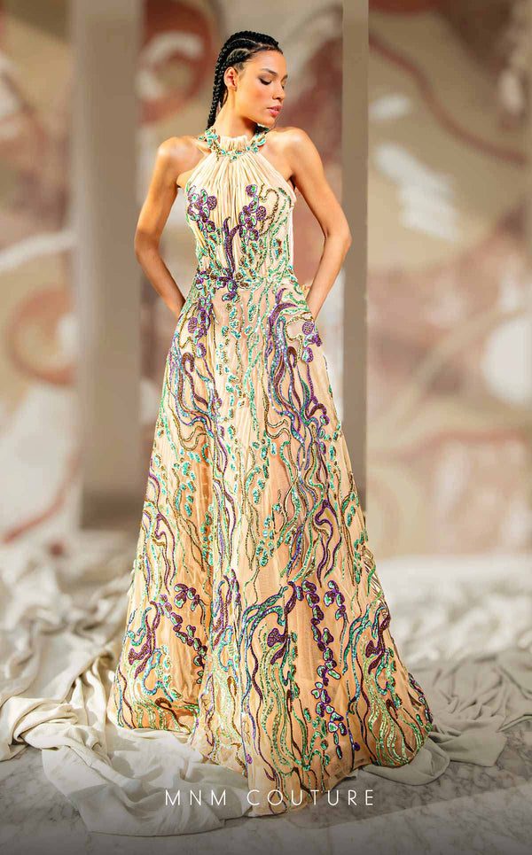 MNM Couture K4167 A Line Long Formal Beaded Lace Applique Prom Dress