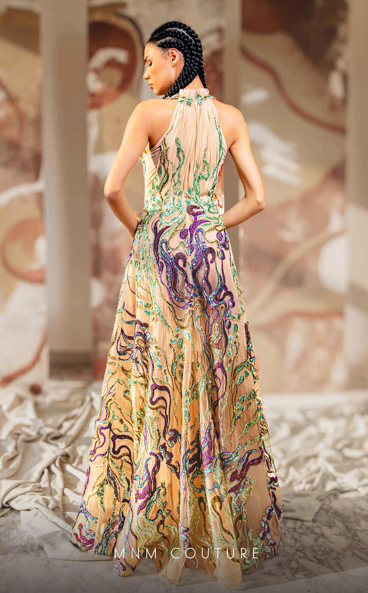 MNM Couture K4167 A Line Long Formal Beaded Lace Applique Prom Dress