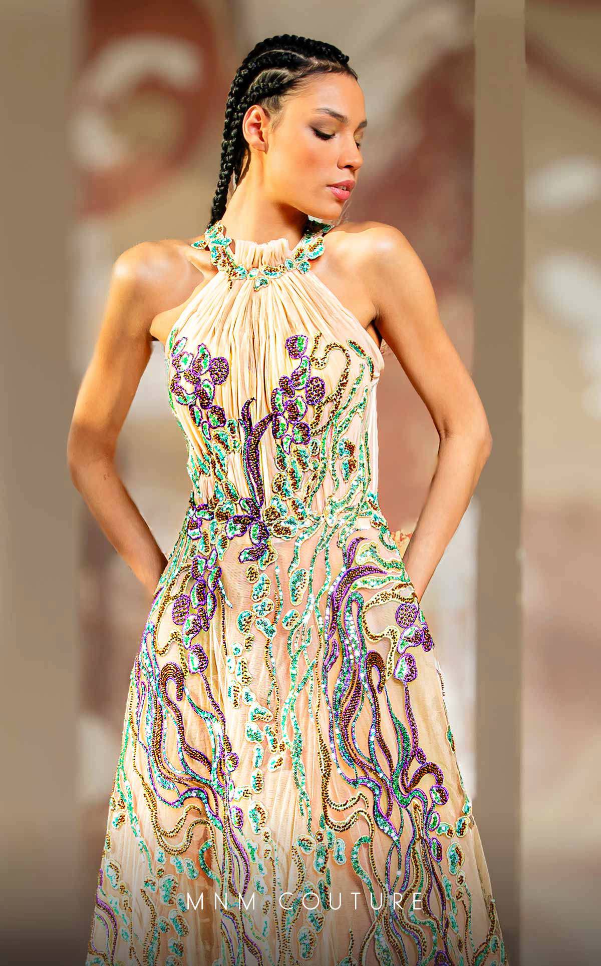MNM Couture K4167 A Line Long Formal Beaded Lace Applique Prom Dress