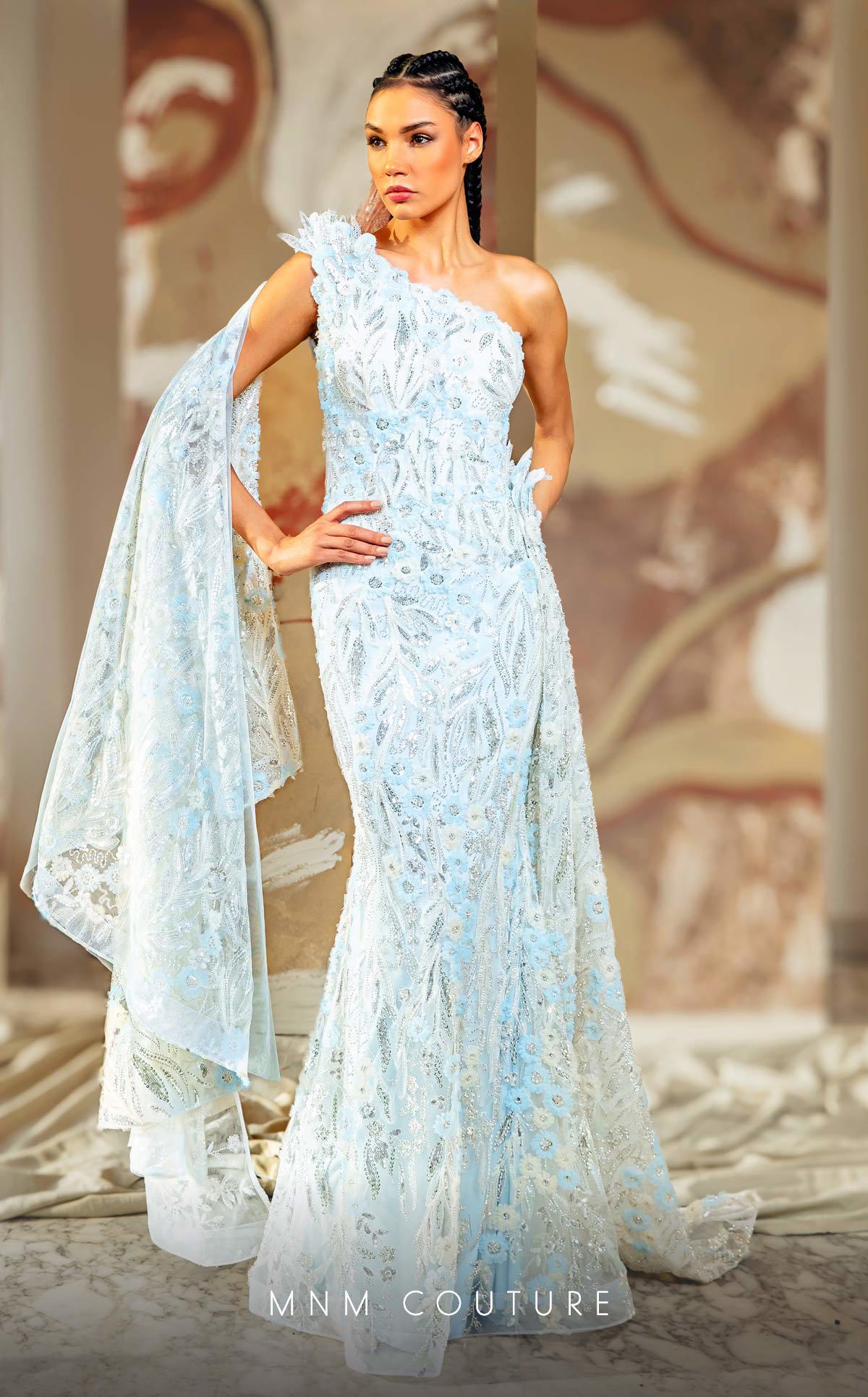 MNM Couture K4173 Long 3D Floral Applique Formal Overskirt Prom Dress