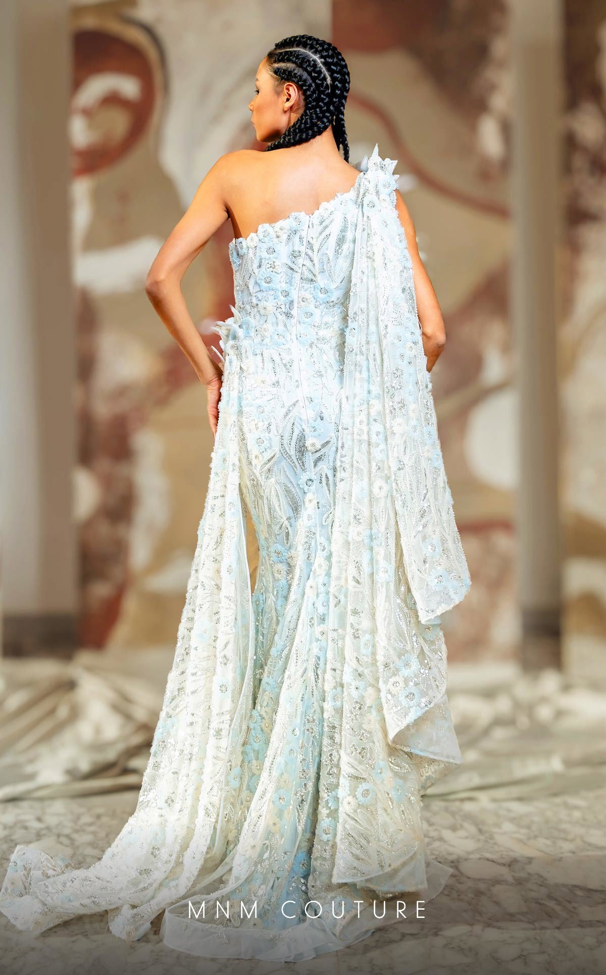 MNM Couture K4173 Long 3D Floral Applique Formal Overskirt Prom Dress