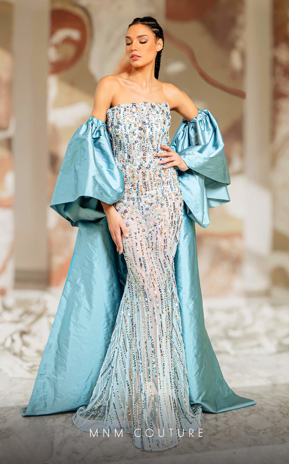 MNM Couture K4174A Beaded Sequin Long Formal Detachable Cape Prom Dress