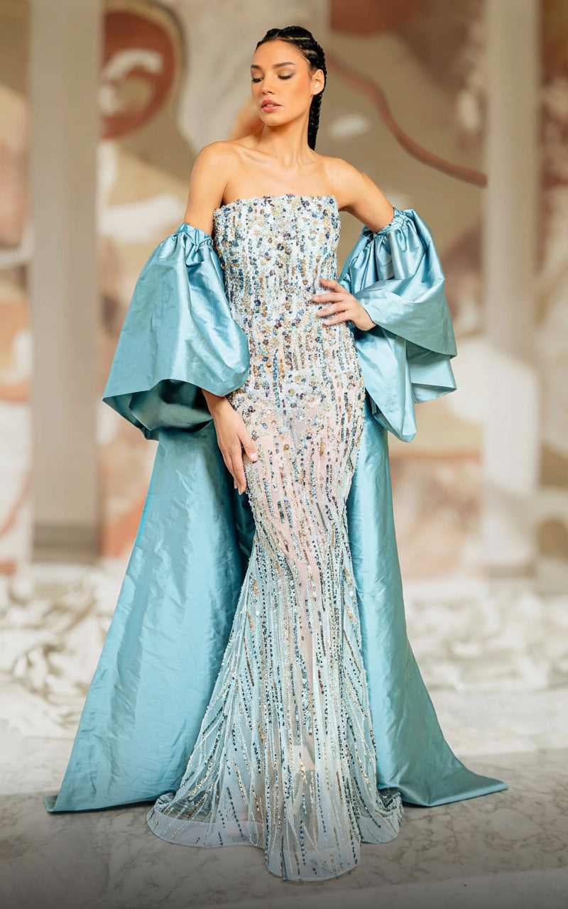 Formal Dresses Beaded Sequin Long Formal Detachable Cape Prom Dress Grey