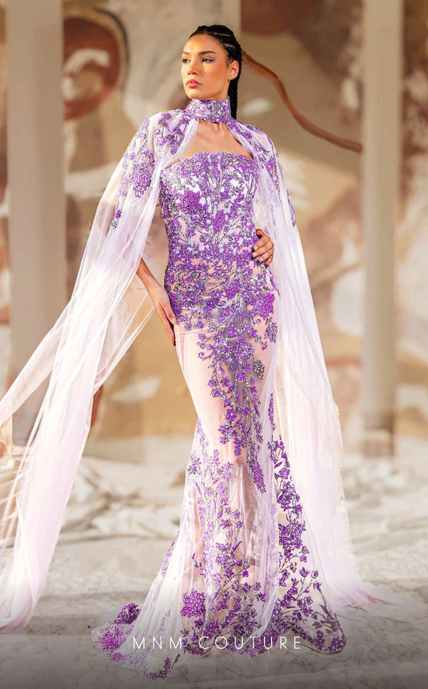 MNM Couture K4179 Fitted Lace Applique Long Formal Beaded Prom Dress