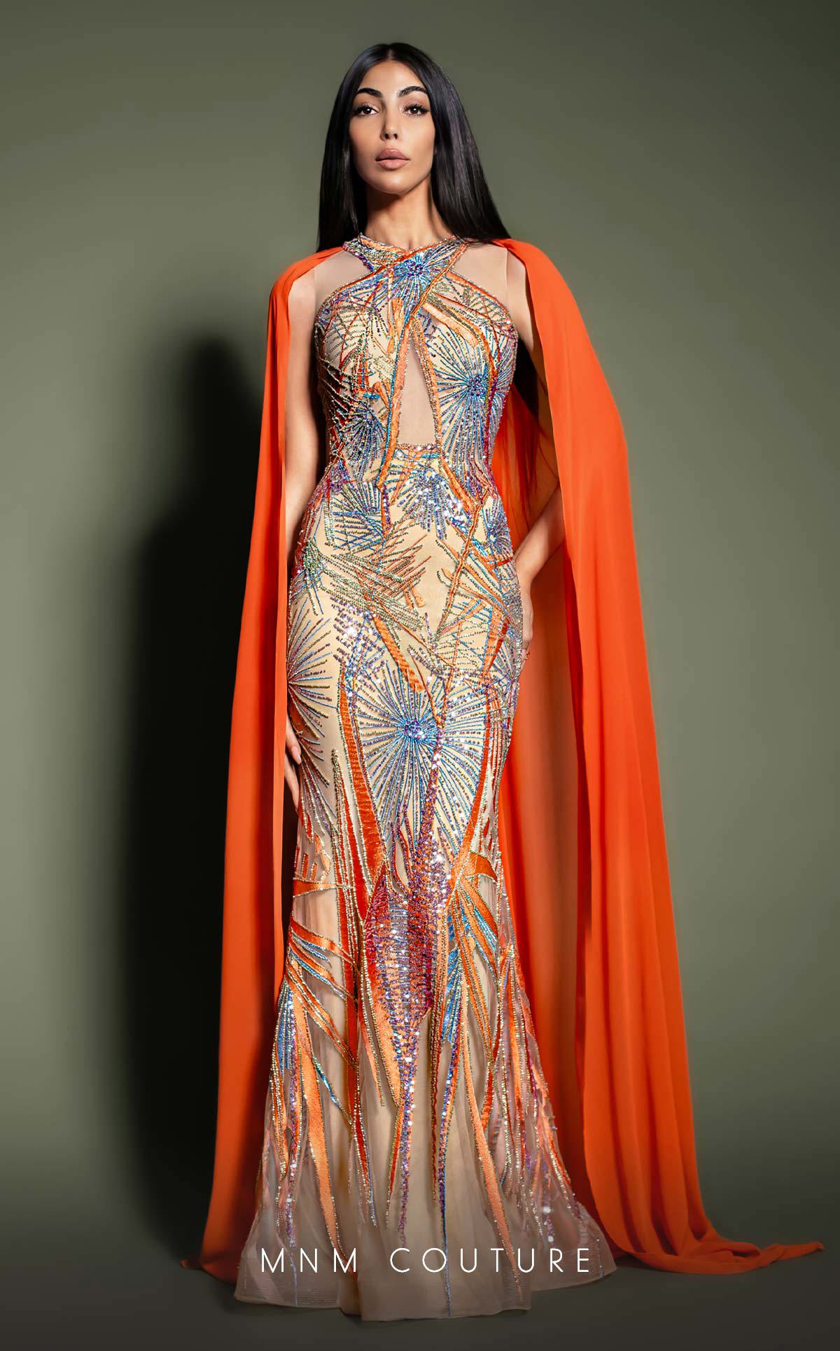 MNM Couture K4186 Long Mermaid Formal Cape Prom Dress