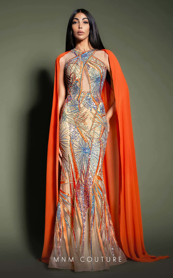 MNM Couture K4186 Long Mermaid Formal Cape Prom Dress