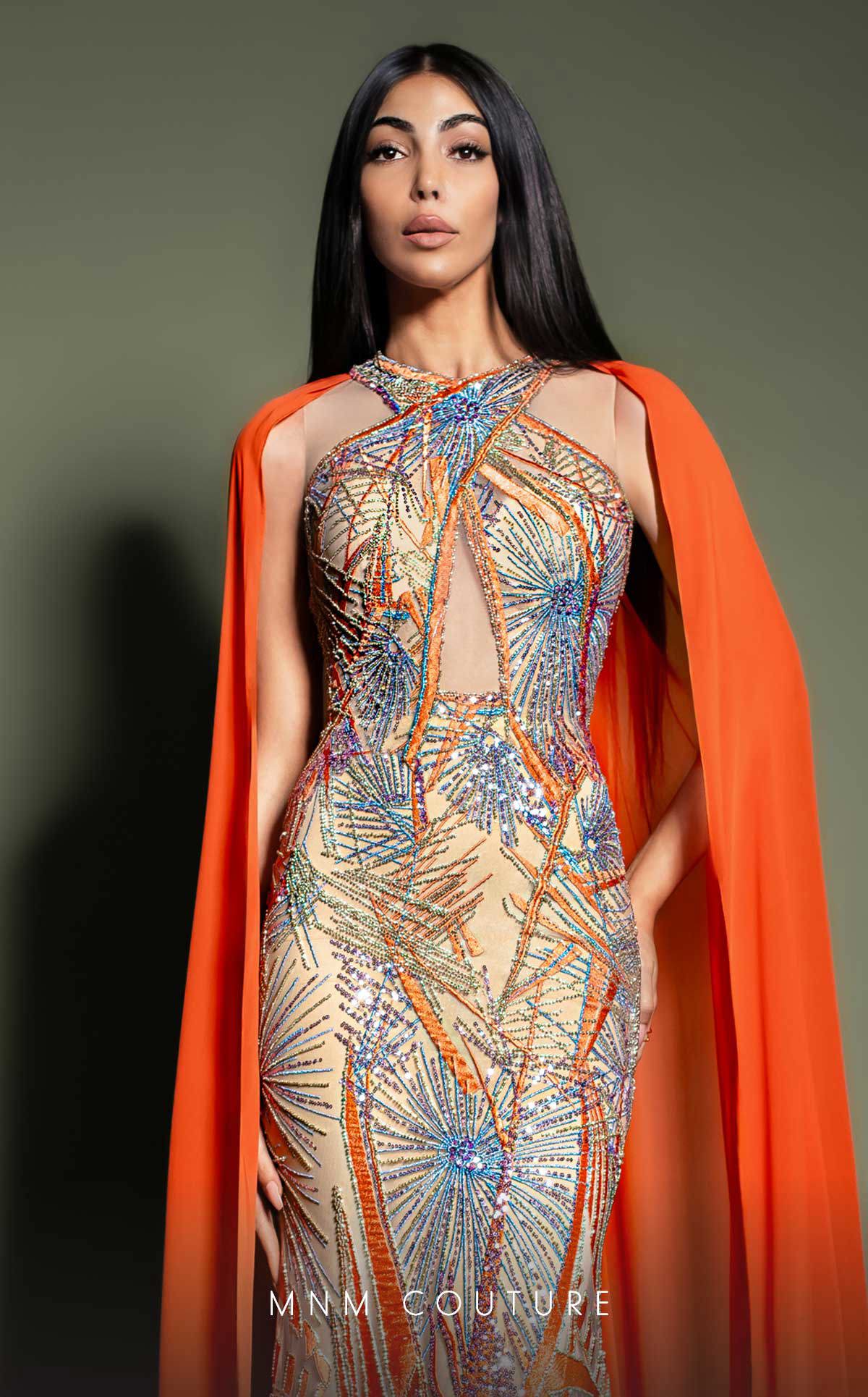 MNM Couture K4186 Long Mermaid Formal Cape Prom Dress