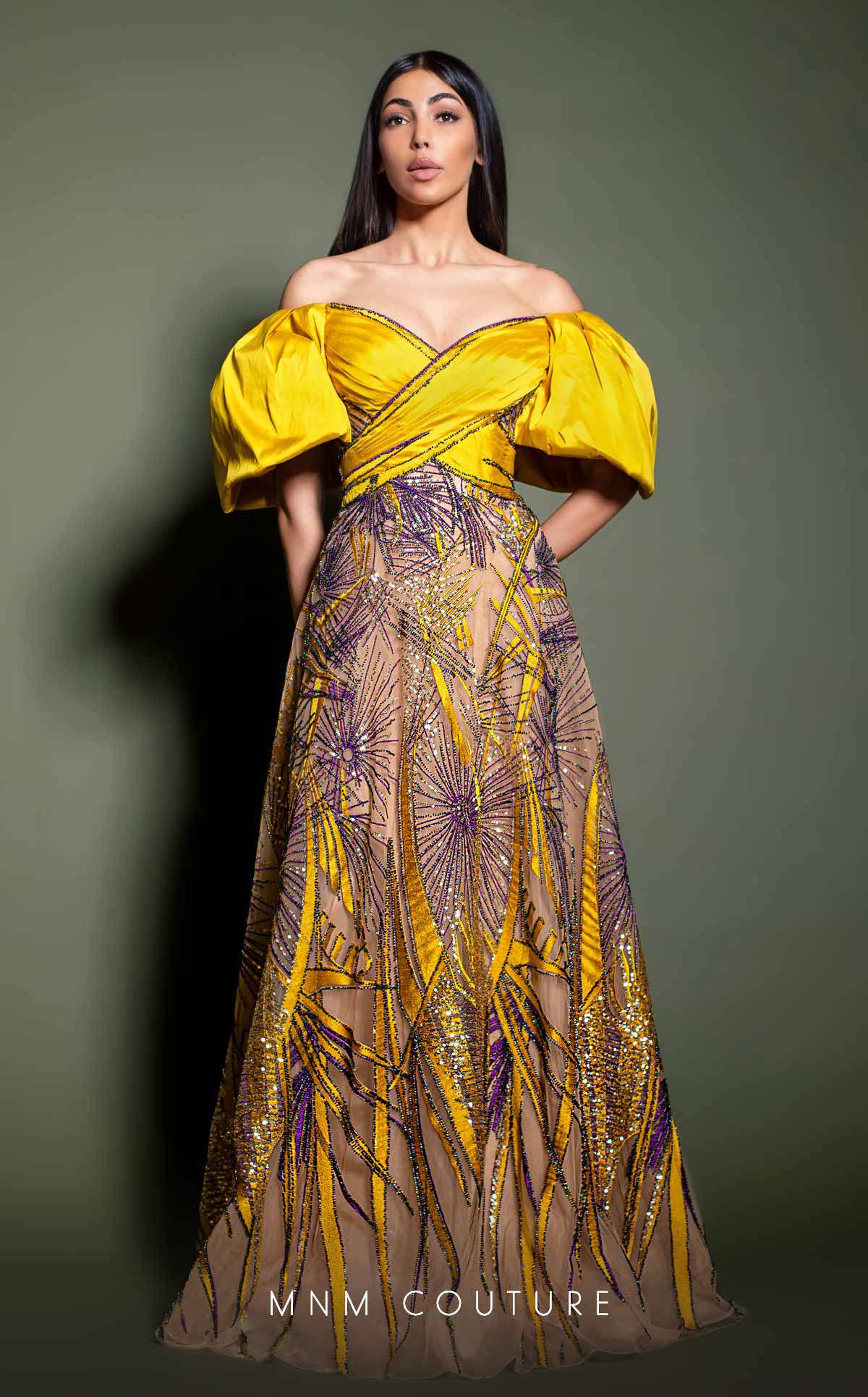 MNM Couture K4189 A Line Beaded Long Formal Puff Sleeve Evening Dress