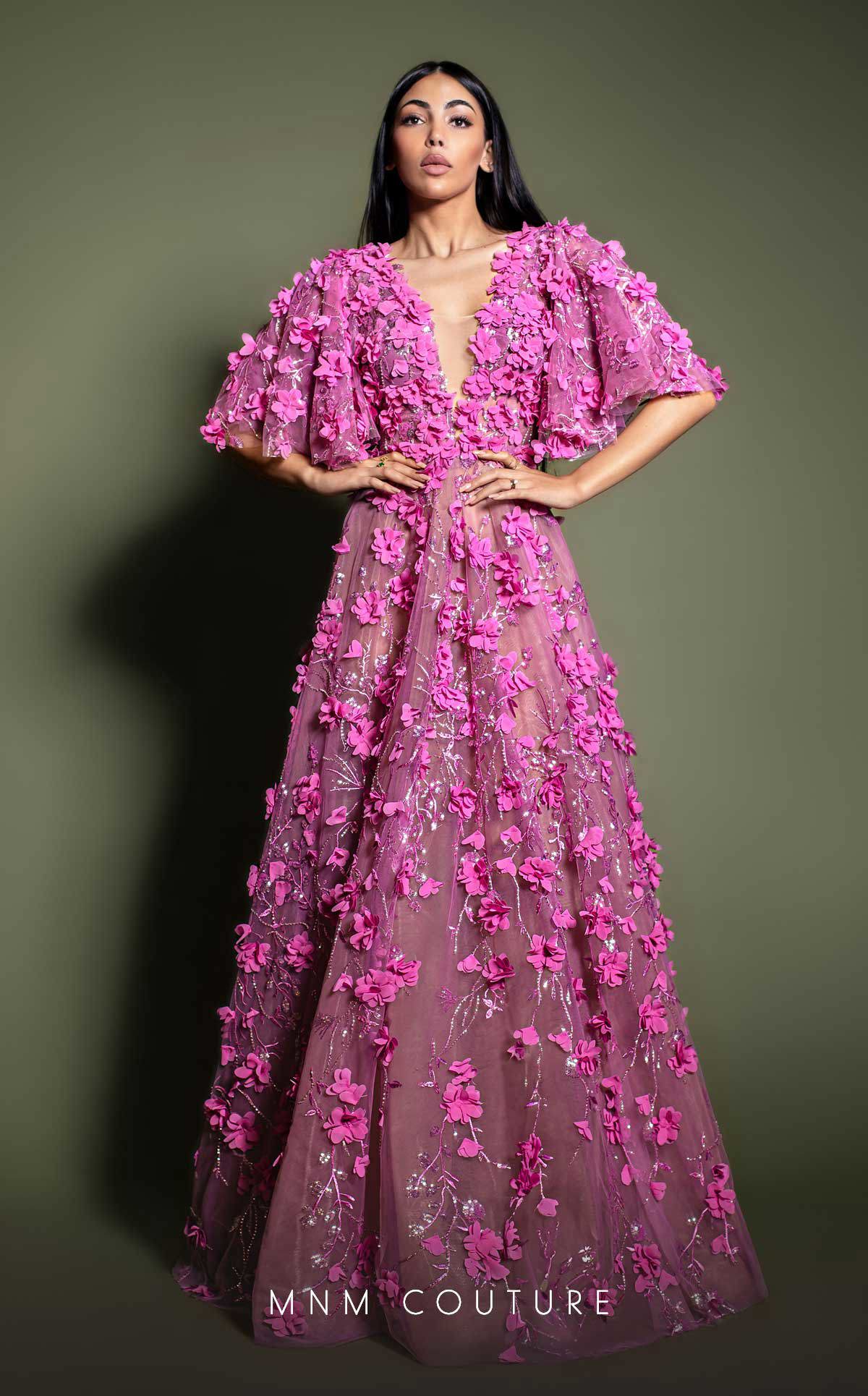 MNM Couture K4198 A Line Long Formal Floral Applique Evening Dress