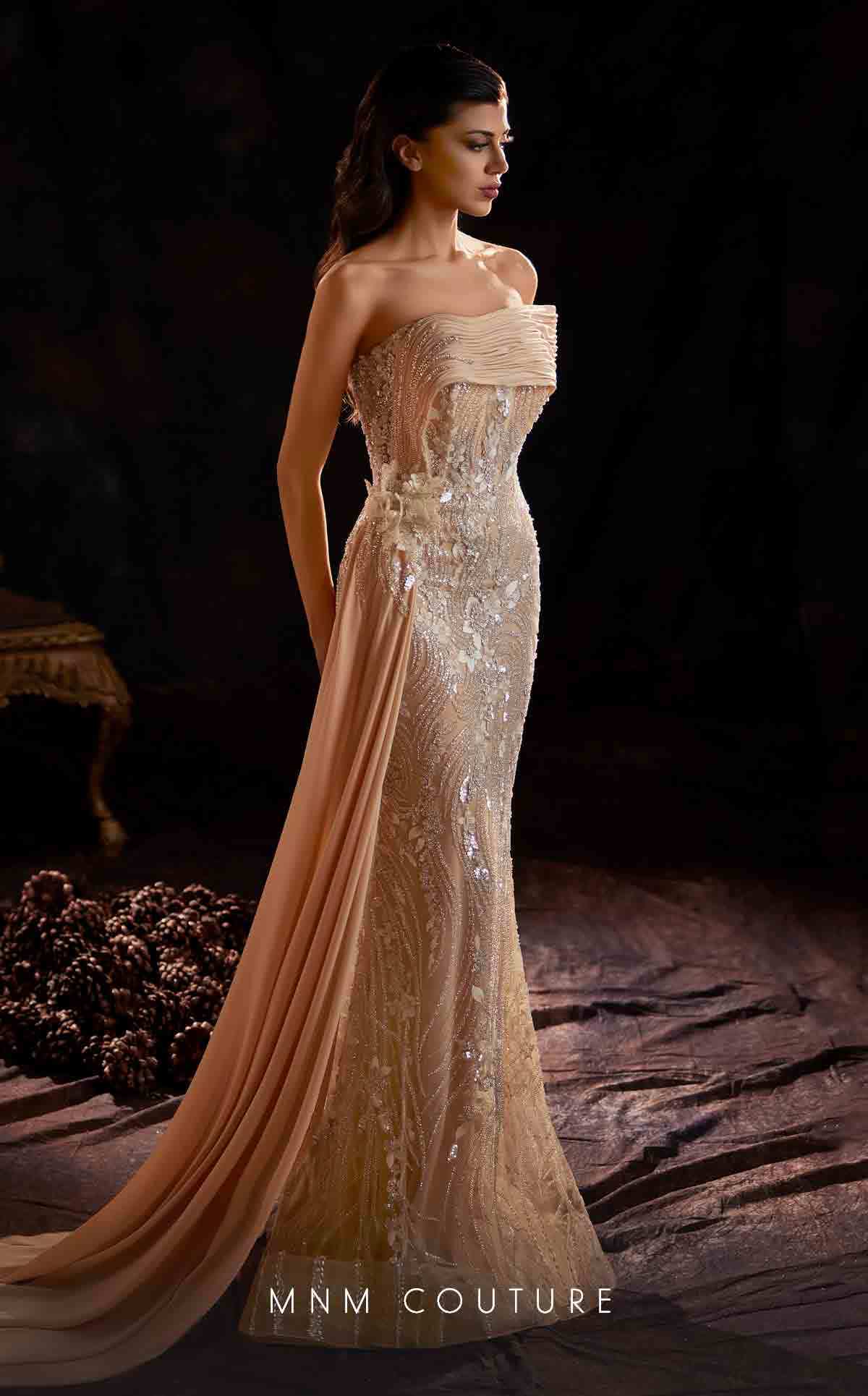 Beige MNM Couture K4206 Fitted Long Formal Beaded Overskirt Prom Dress