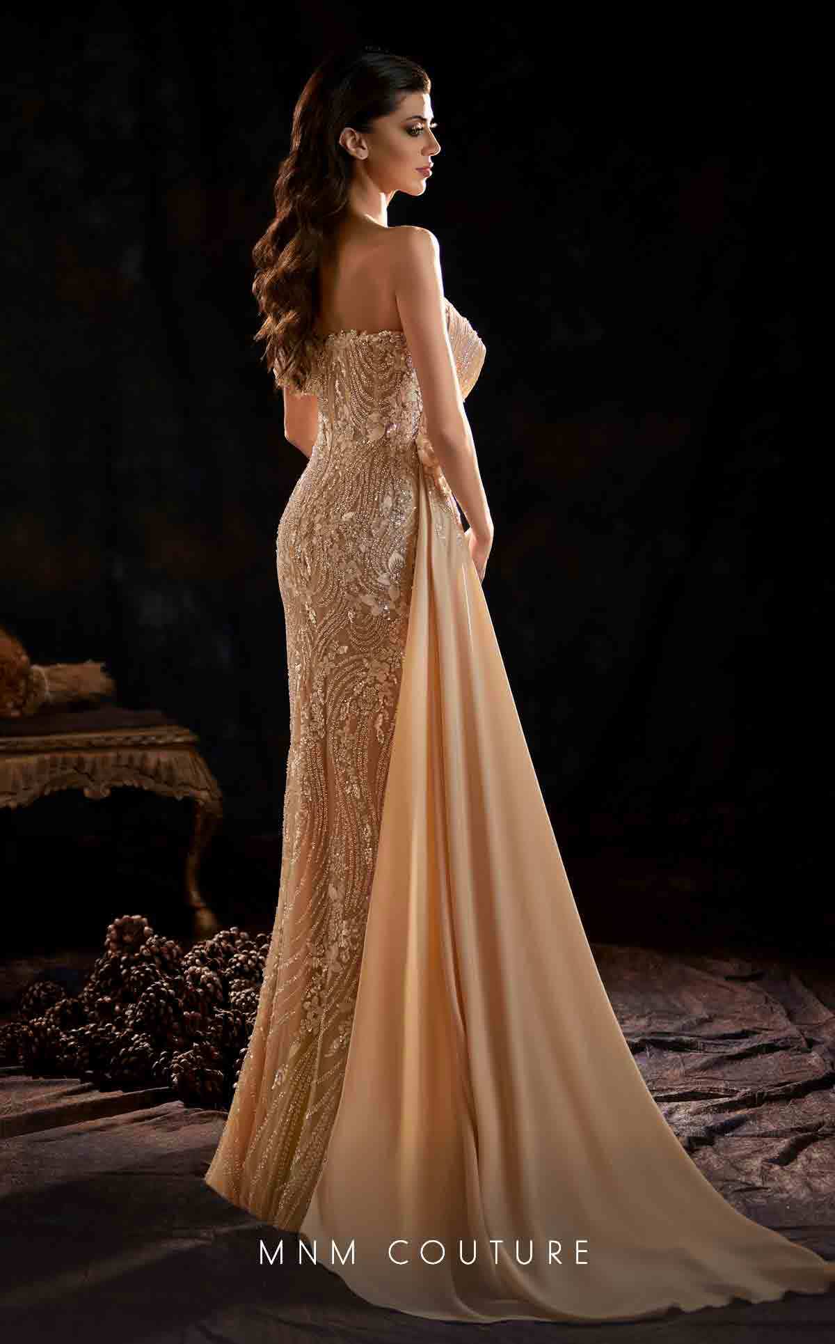 MNM Couture K4206 Fitted Long Formal Beaded Overskirt Prom Dress