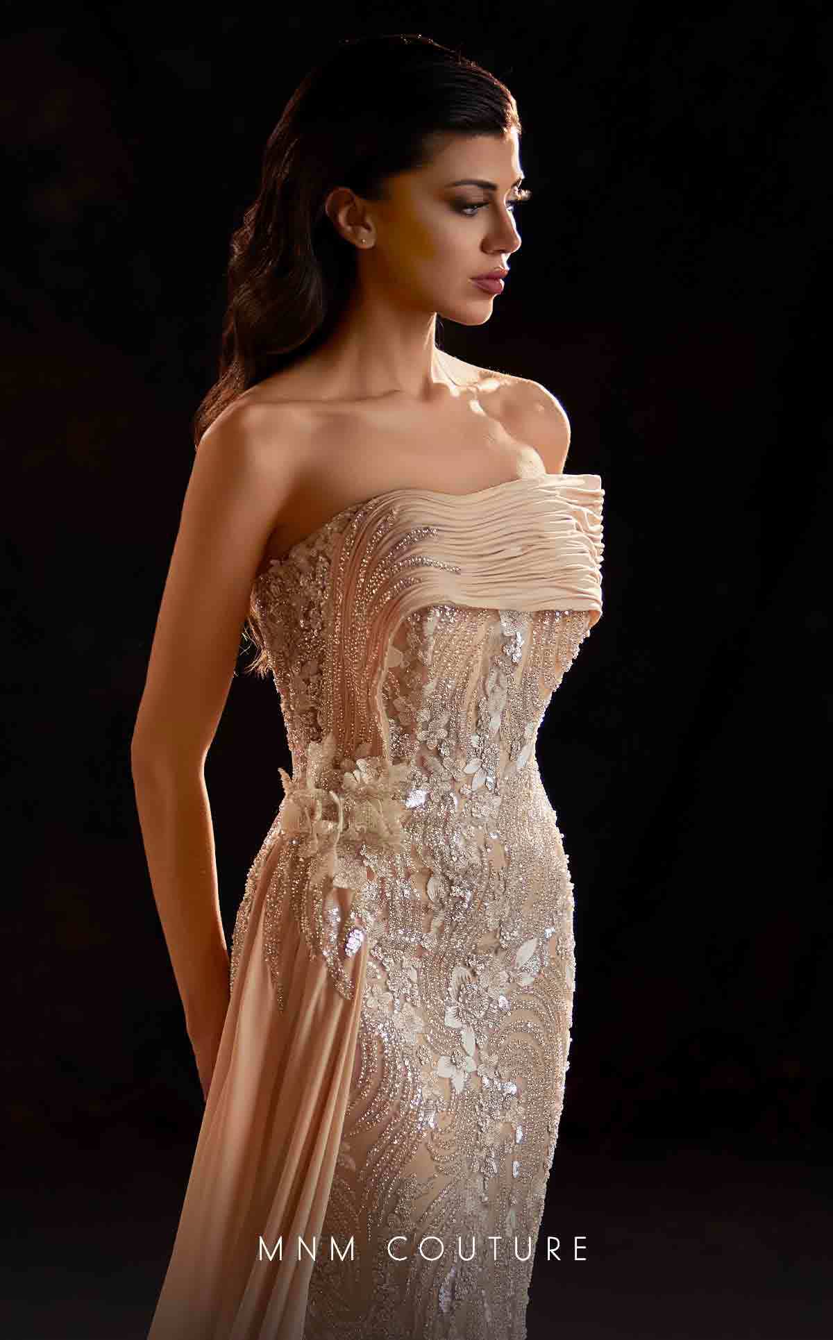 MNM Couture K4206 Fitted Long Formal Beaded Overskirt Prom Dress