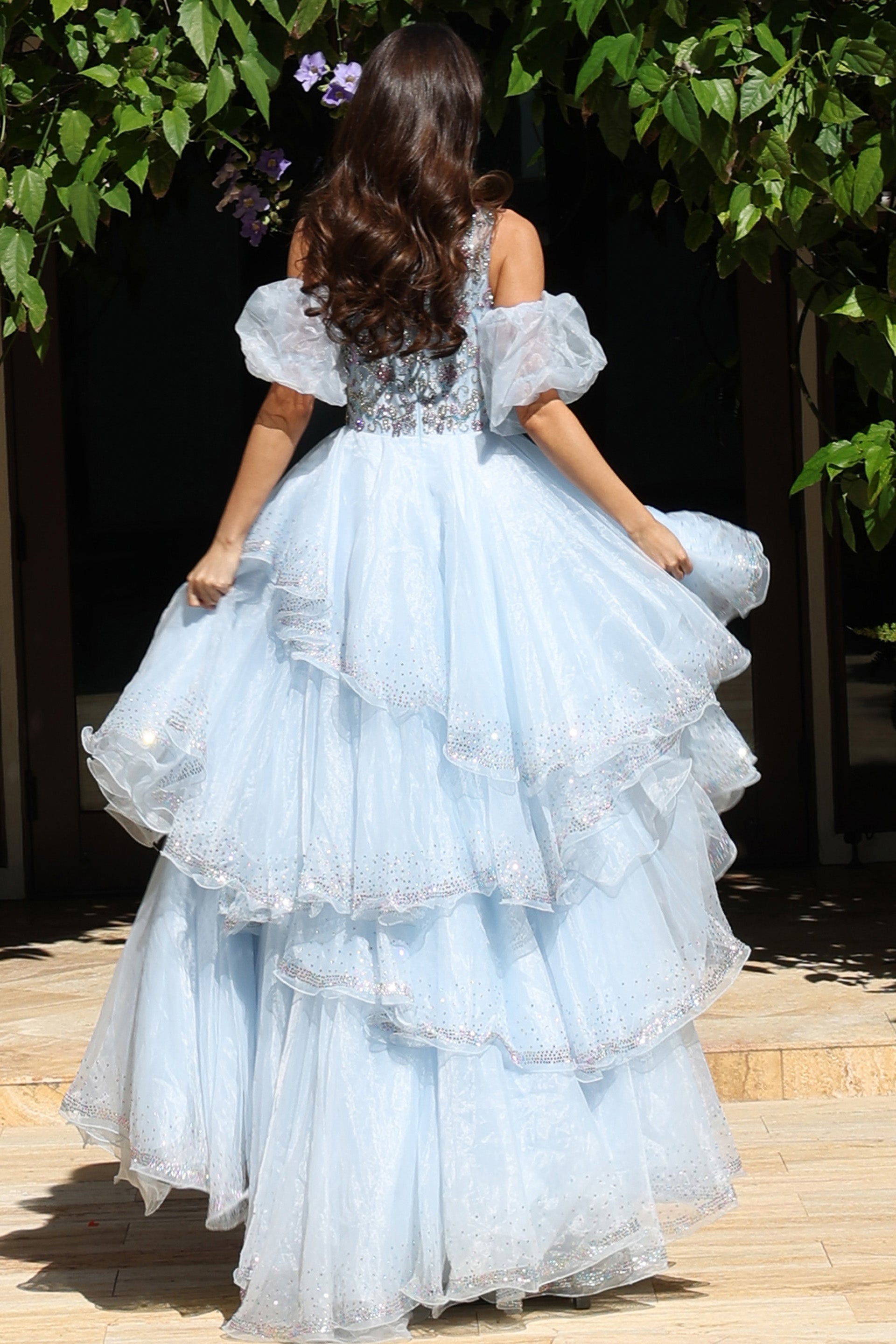 Light Blue Illusion Sweetheart Floor-Length Tulle Tiered Ball Gown with Puff Sleeves Jovani K42178