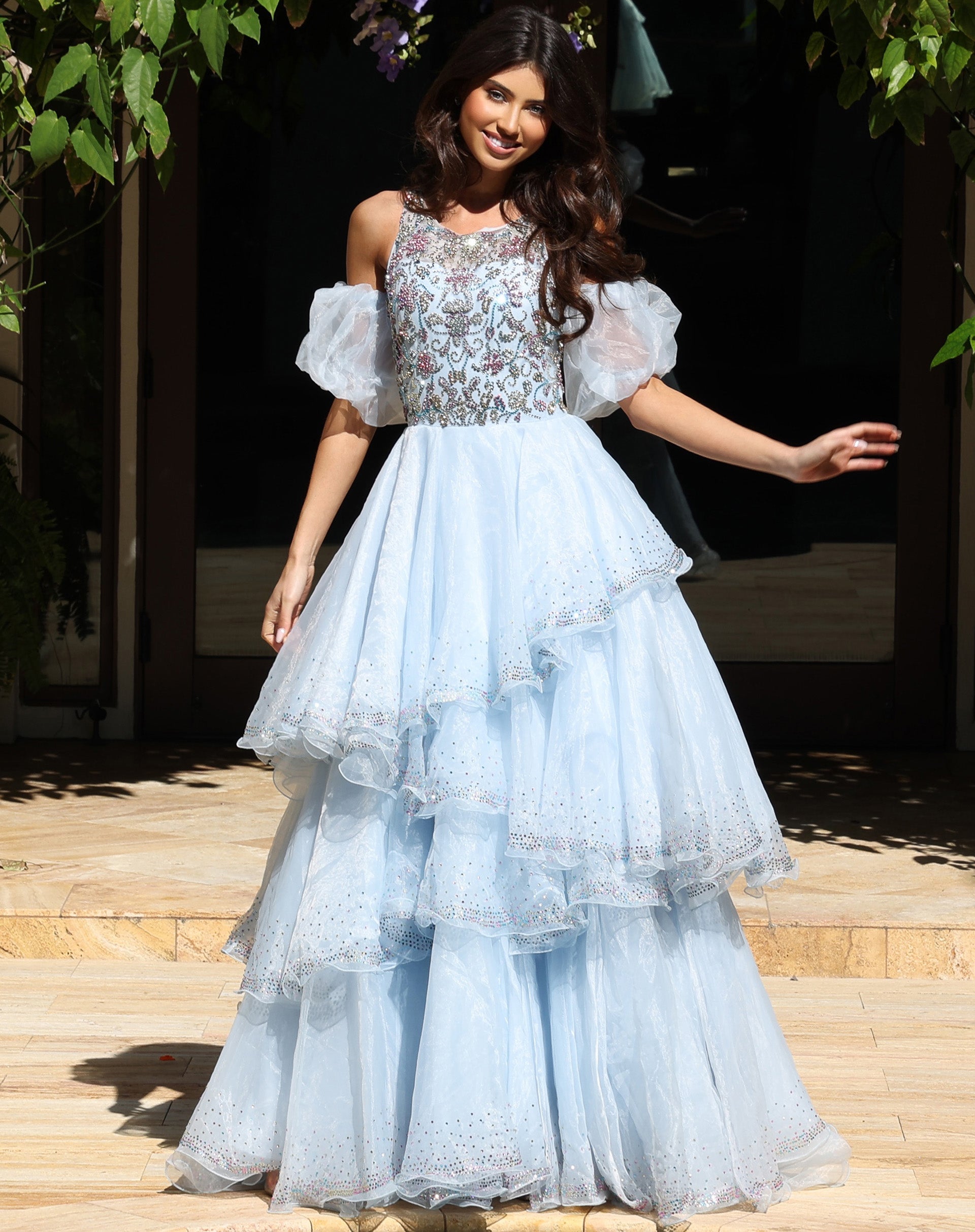 Light Blue Illusion Sweetheart Floor-Length Tulle Tiered Ball Gown with Puff Sleeves Jovani K42178