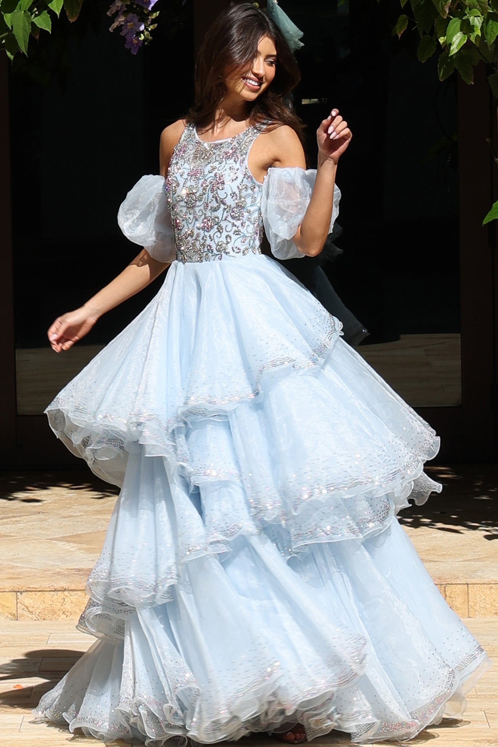 Light Blue Illusion Sweetheart Floor-Length Tulle Tiered Ball Gown with Puff Sleeves Jovani K42178