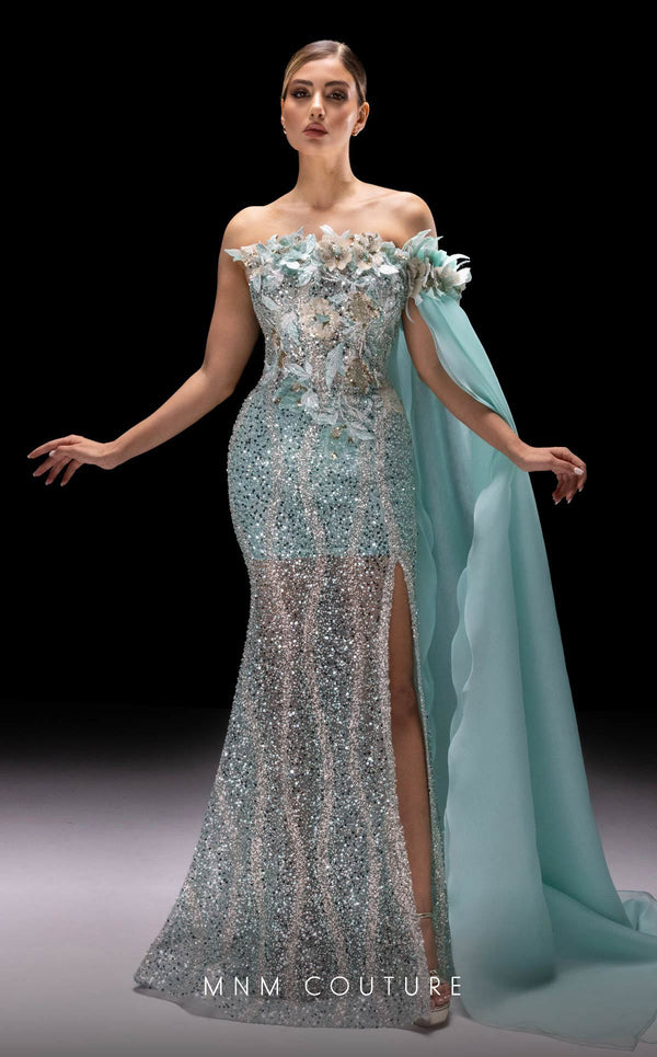 MNM Couture K4221 3D Floral Applique Long Formal Cape Prom Dress