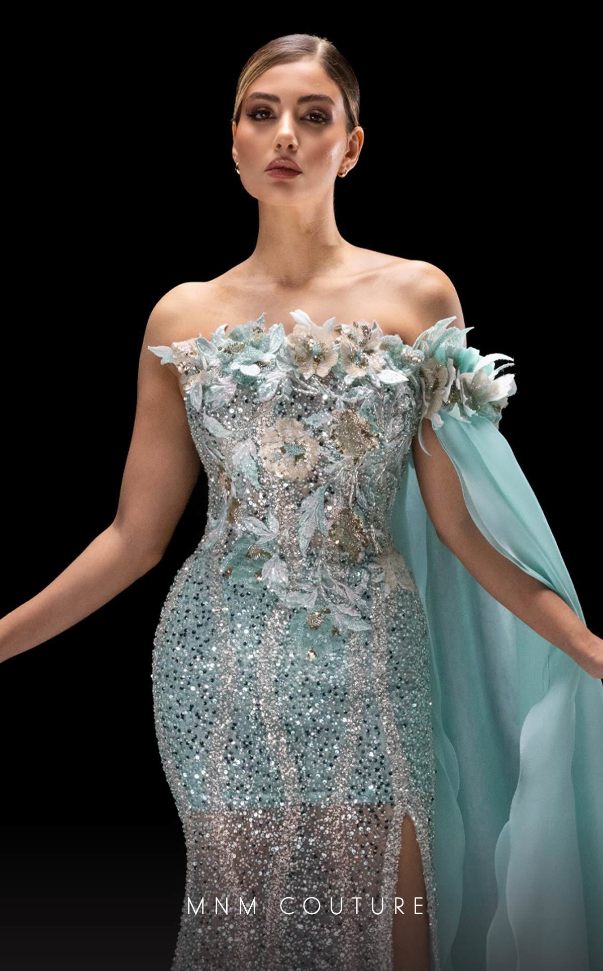 Prom Dresses 3D Floral Applique Long Formal Cape Prom Dress Aqua
