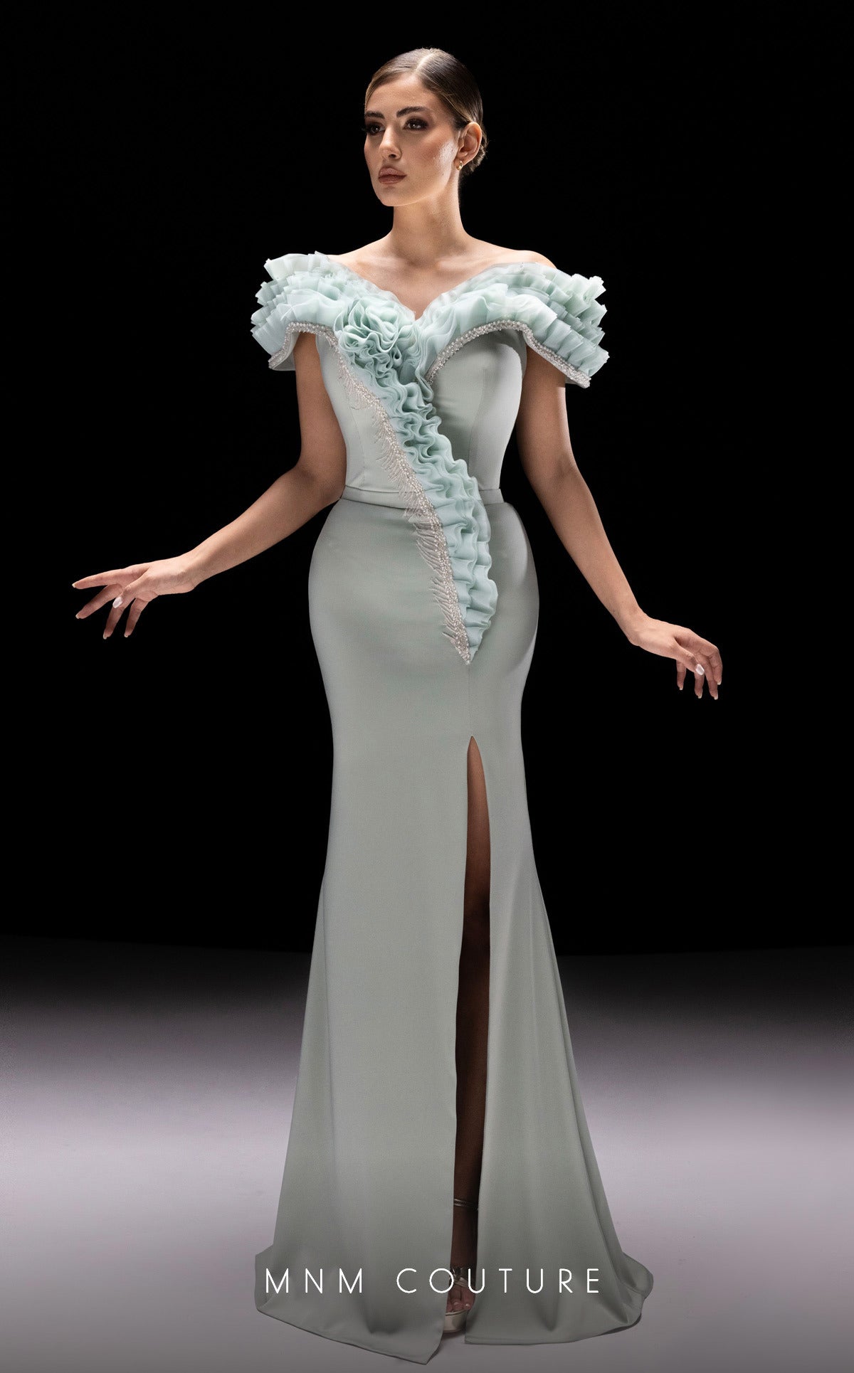 Prom Dresses Ruffle Beaded Long Formal Prom Dress Aqua