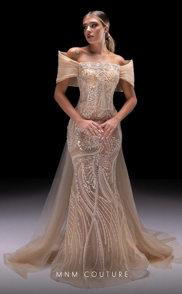 MNM Couture K4246 Fitted Cape Formal Long Prom Dress