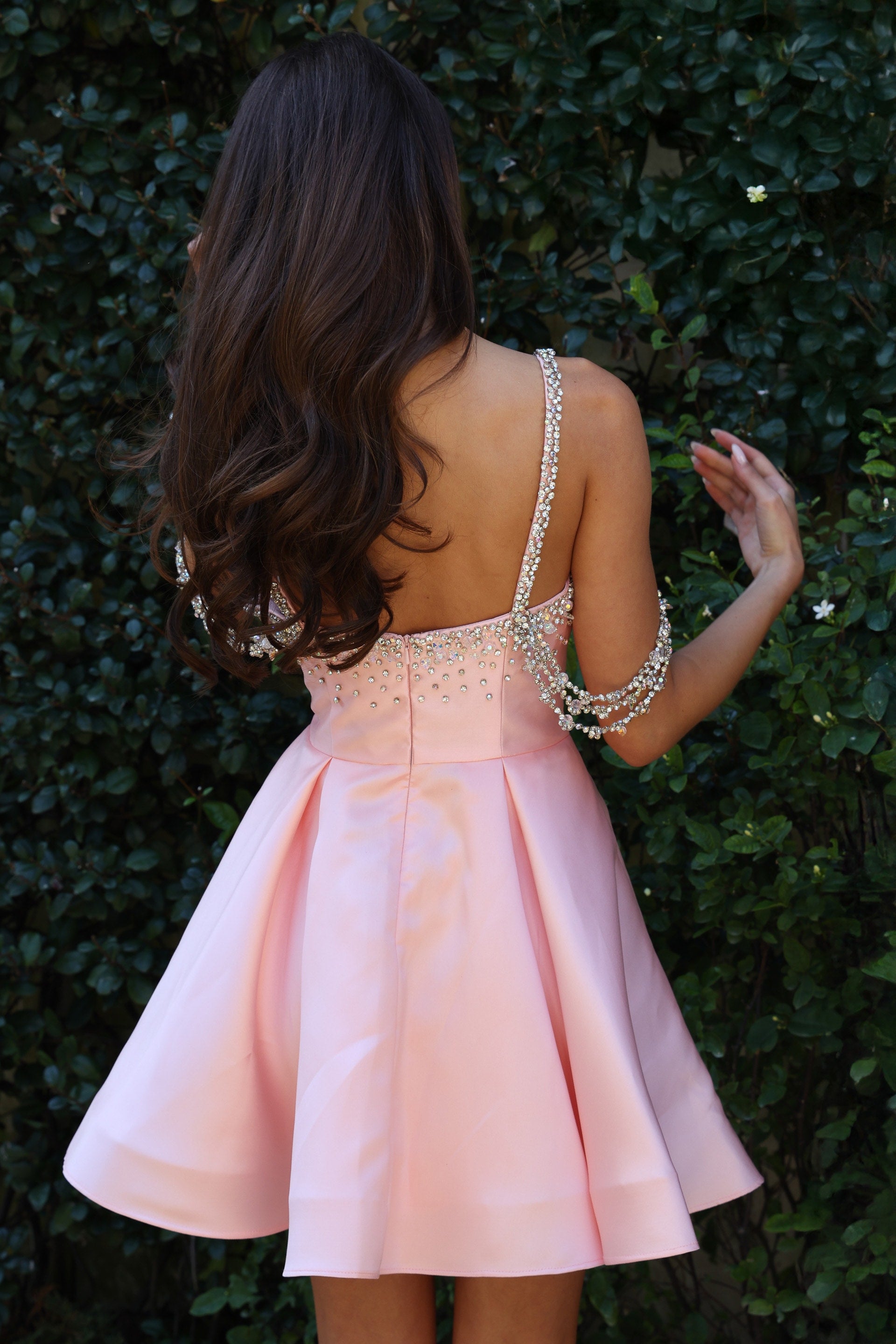Pink Square Neck Short Satin Cocktail Dress with Beaded Straps and Fit and Flare Skirt Jovani K48024