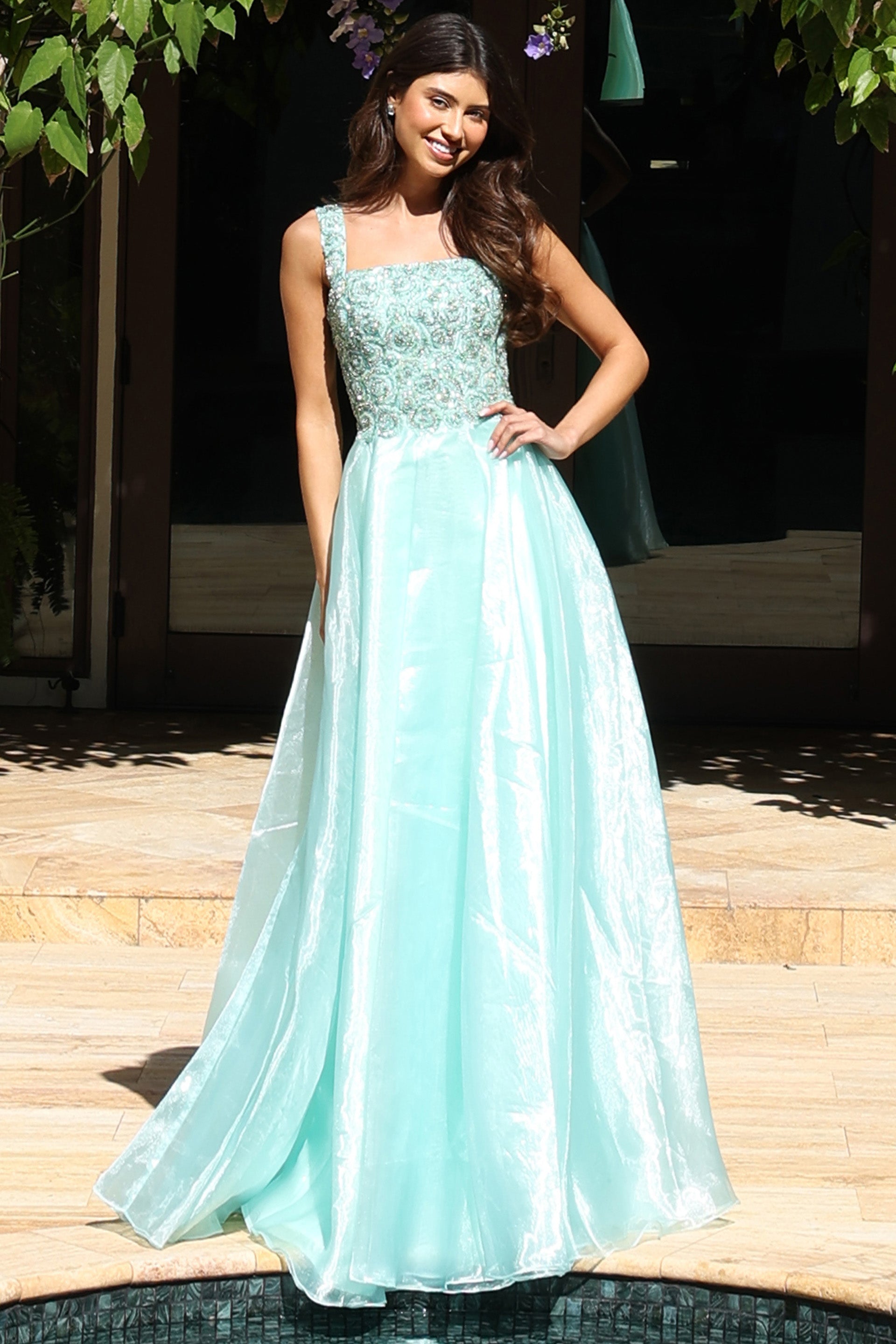 Mint/Green Square Neck Floor-Length Tulle Prom Ball Gown with Embellished Lace Bodice Jovani K48130