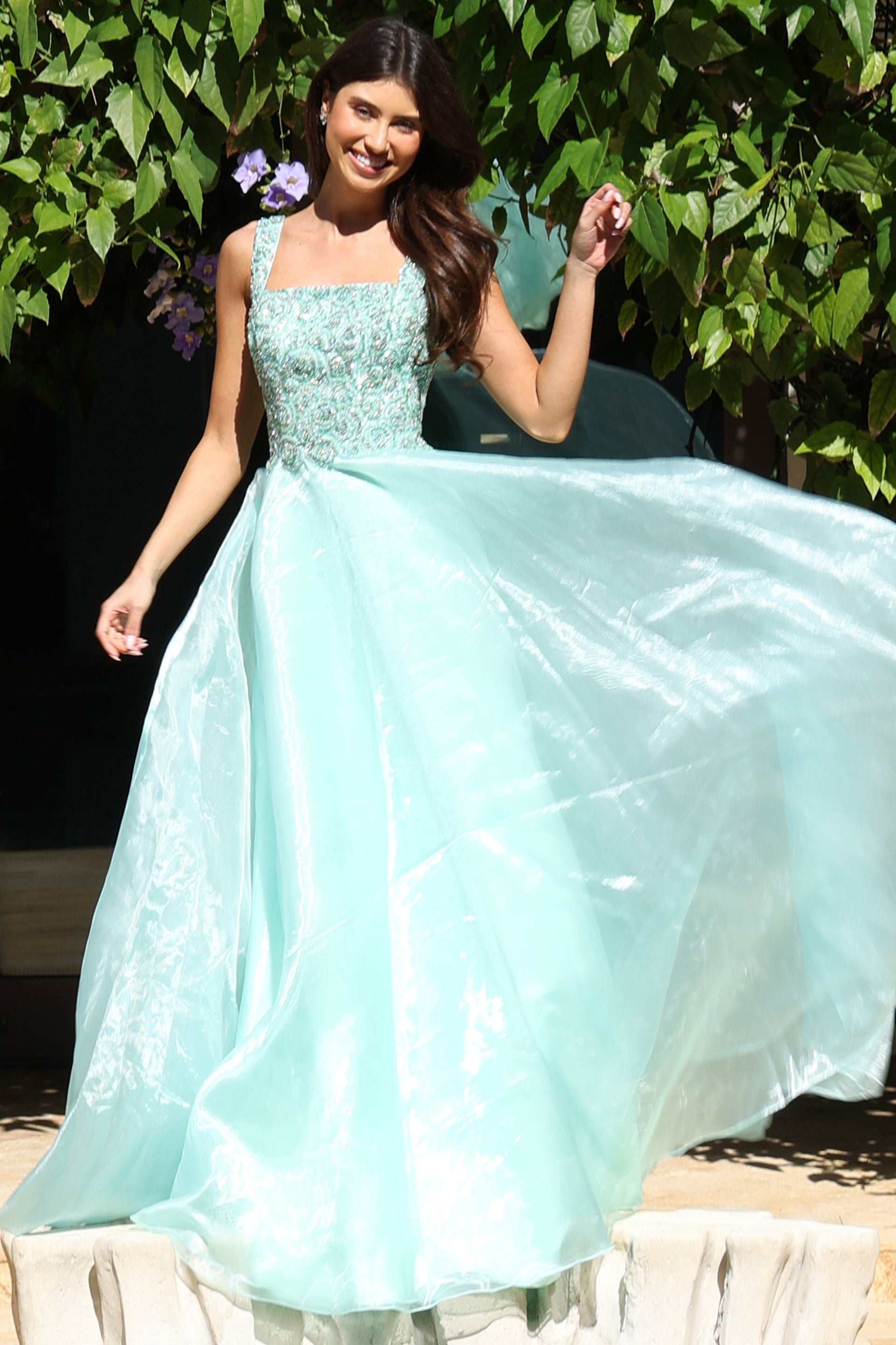 Mint/Green Square Neck Floor-Length Tulle Prom Ball Gown with Embellished Lace Bodice Jovani K48130