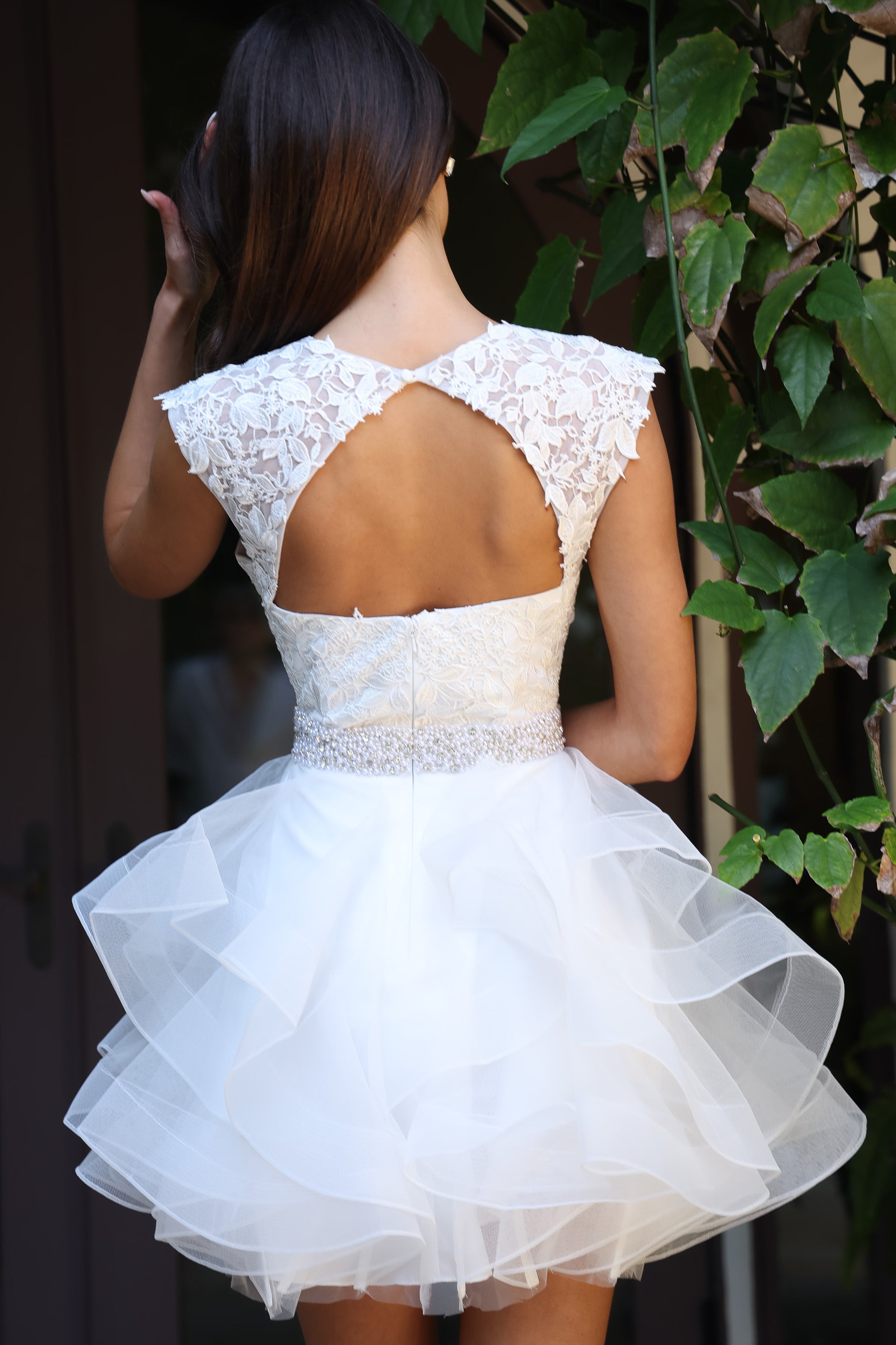 Off White Square Neck Above-Knee Tulle and Lace Wedding Dress with Tiered Ruffle Skirt Jovani K51611