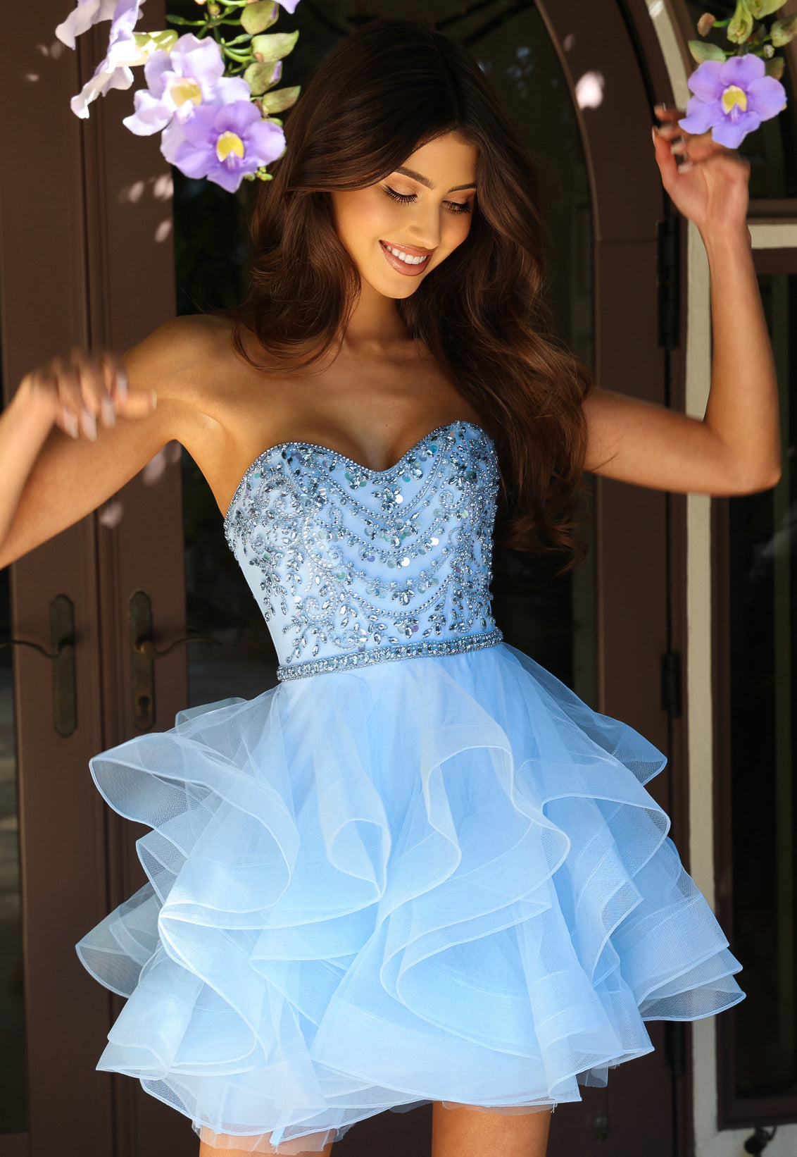 Light Blue Strapless Above-Knee Organza Homecoming Dress with Beaded Corset and Tiered Ruffle Skirt Jovani K52181