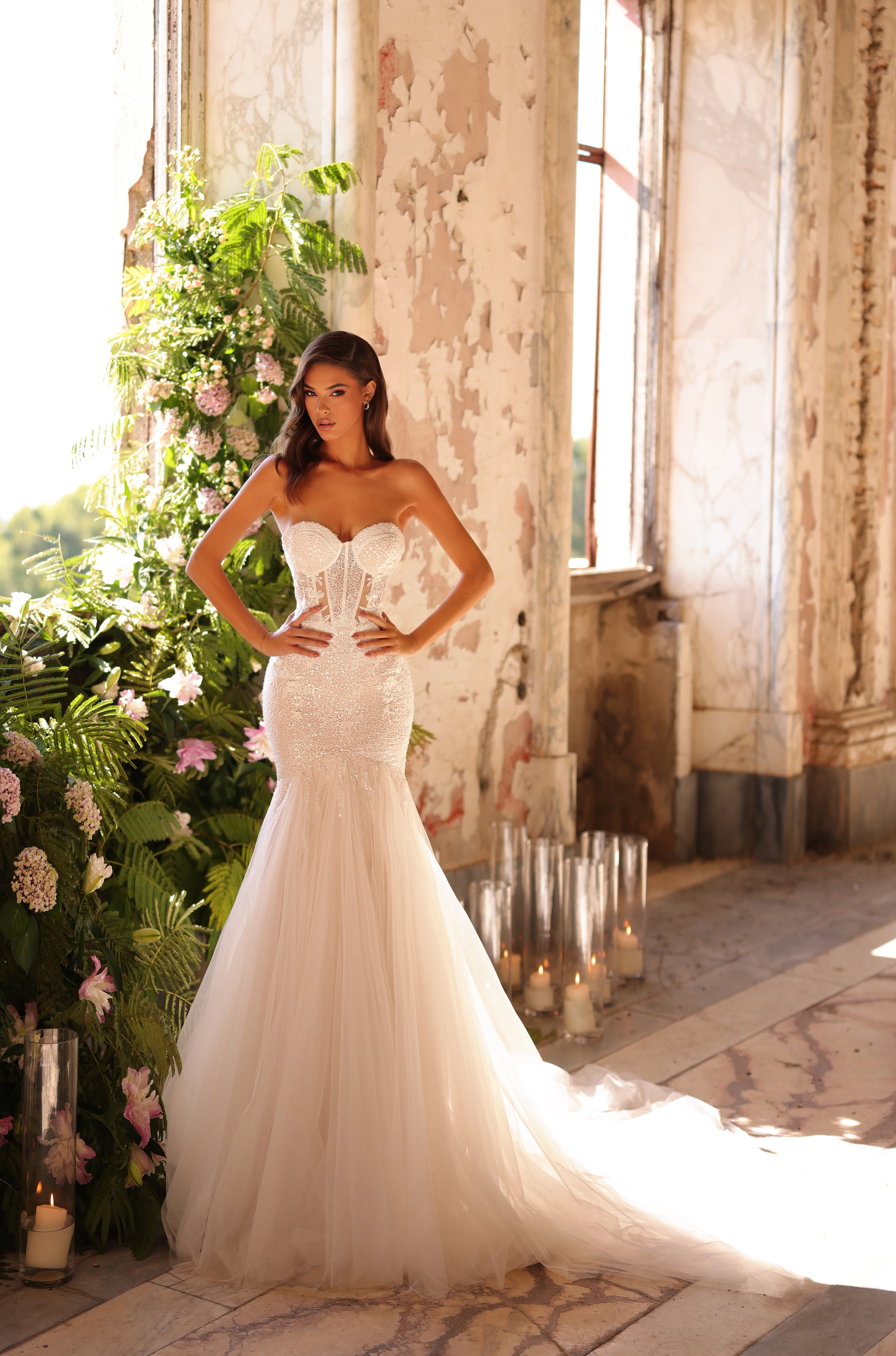 Wedding Dresses Long Mermaid Beaded Lace Wedding Dress Amarra 89131 Ivory/Nude