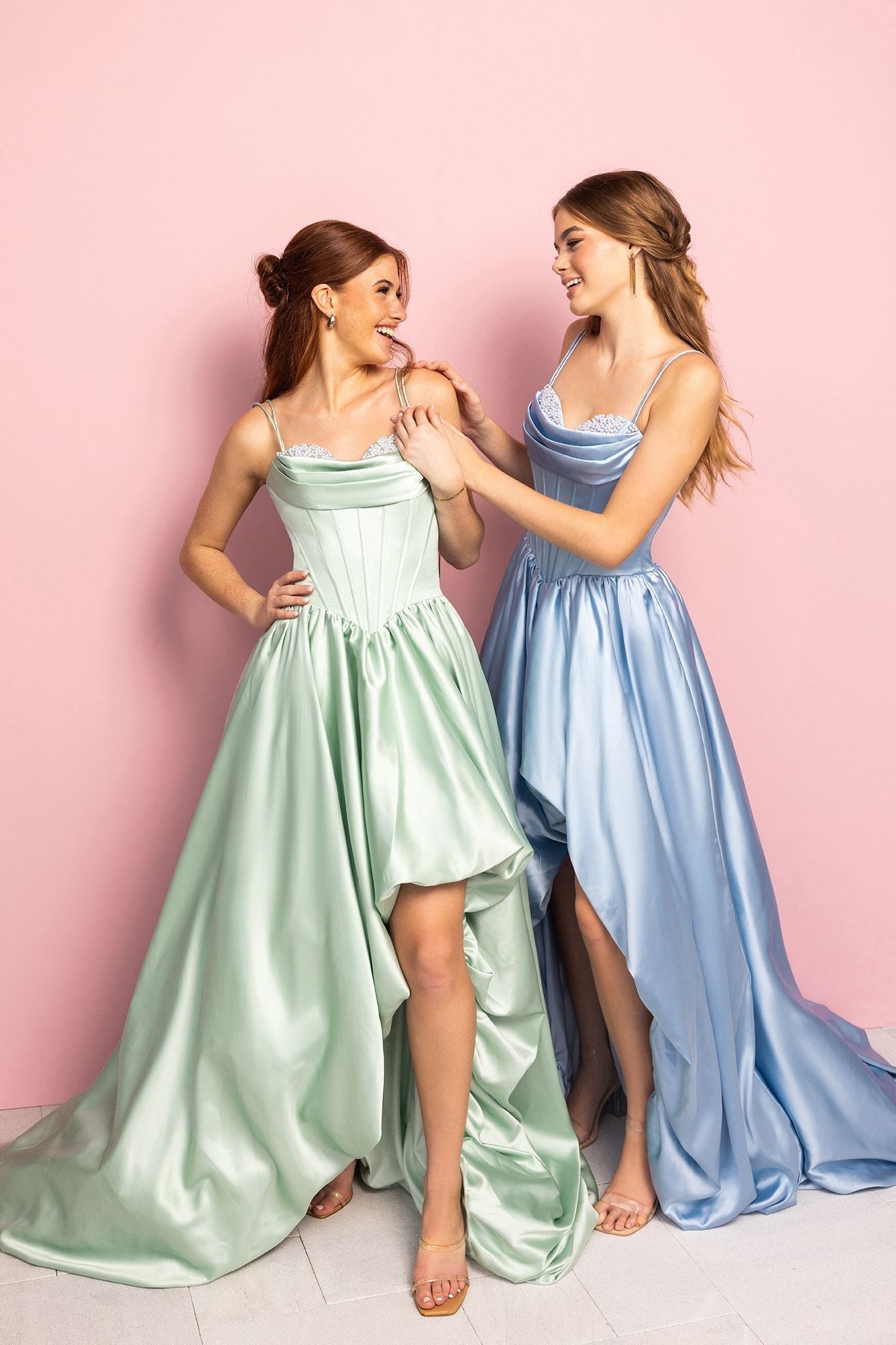 Sage Sweetheart High-Low Satin Prom Dress Rhinestone Corset Bodice Portia & Scarlett XO182
